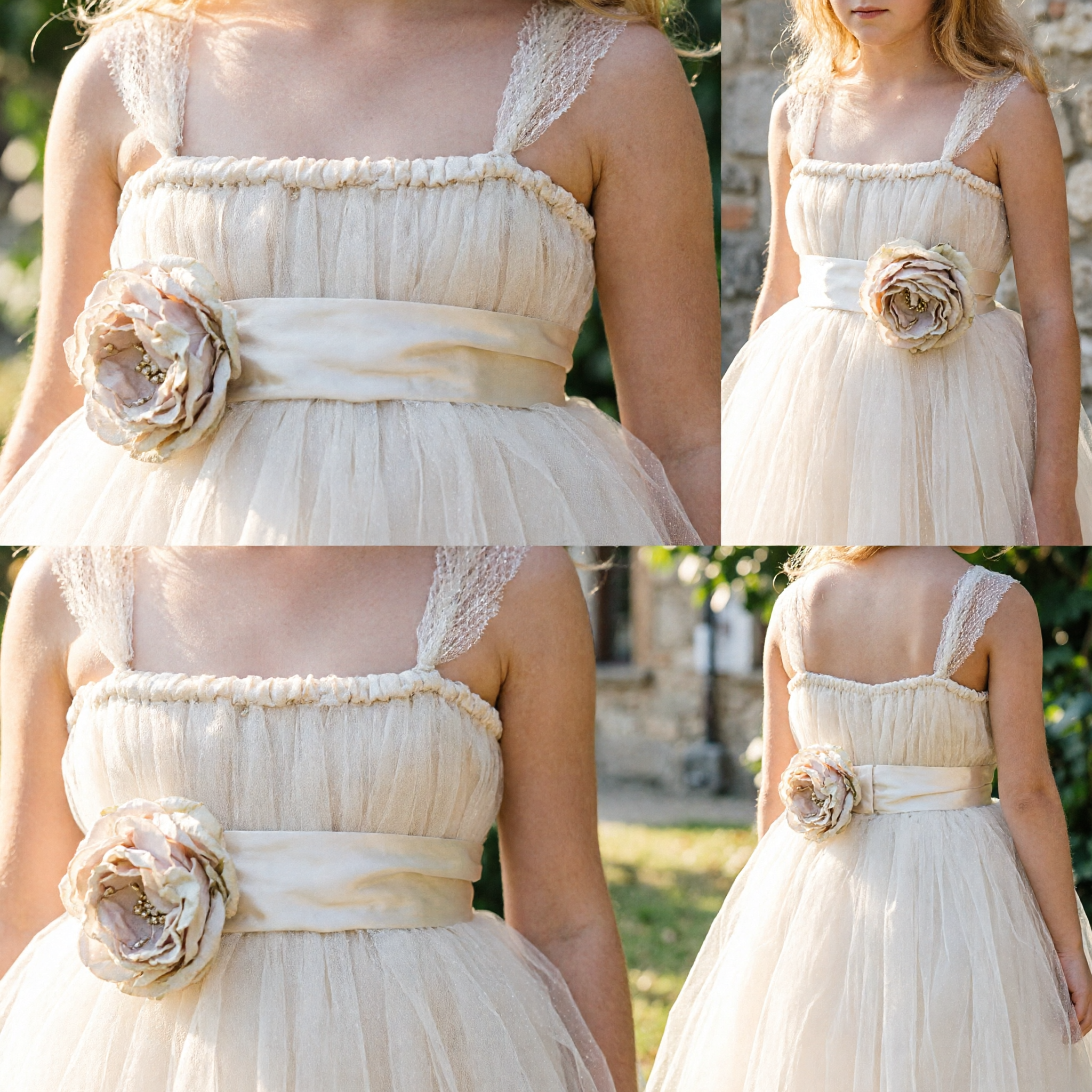 Elegant Champagne Tulle Flower Girl Dress Sleeveless Ballgown with Floral Applique for Wedding Pageant Party