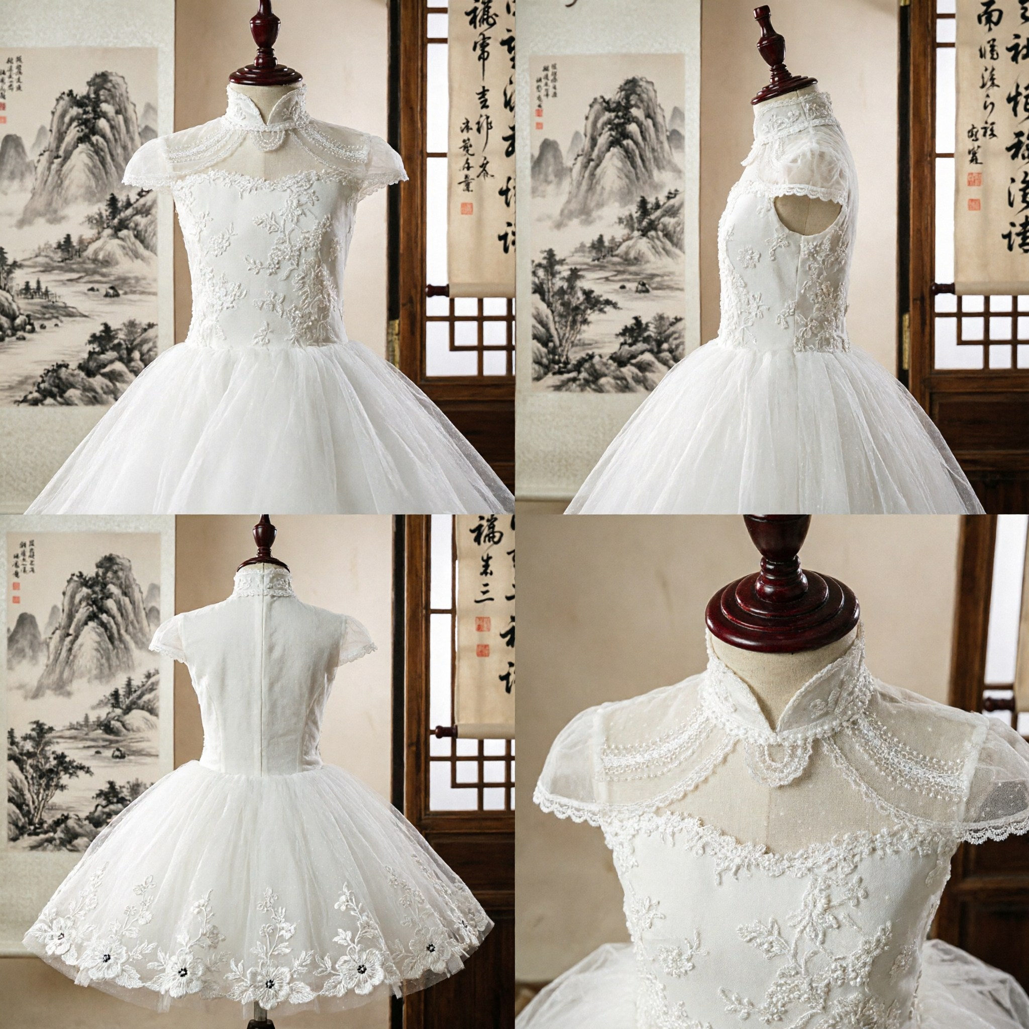 Elegant White Girls Cheongsam Dress Traditional Chinese Lace Bodice Tulle Skirt Wedding Flower Girl Gown