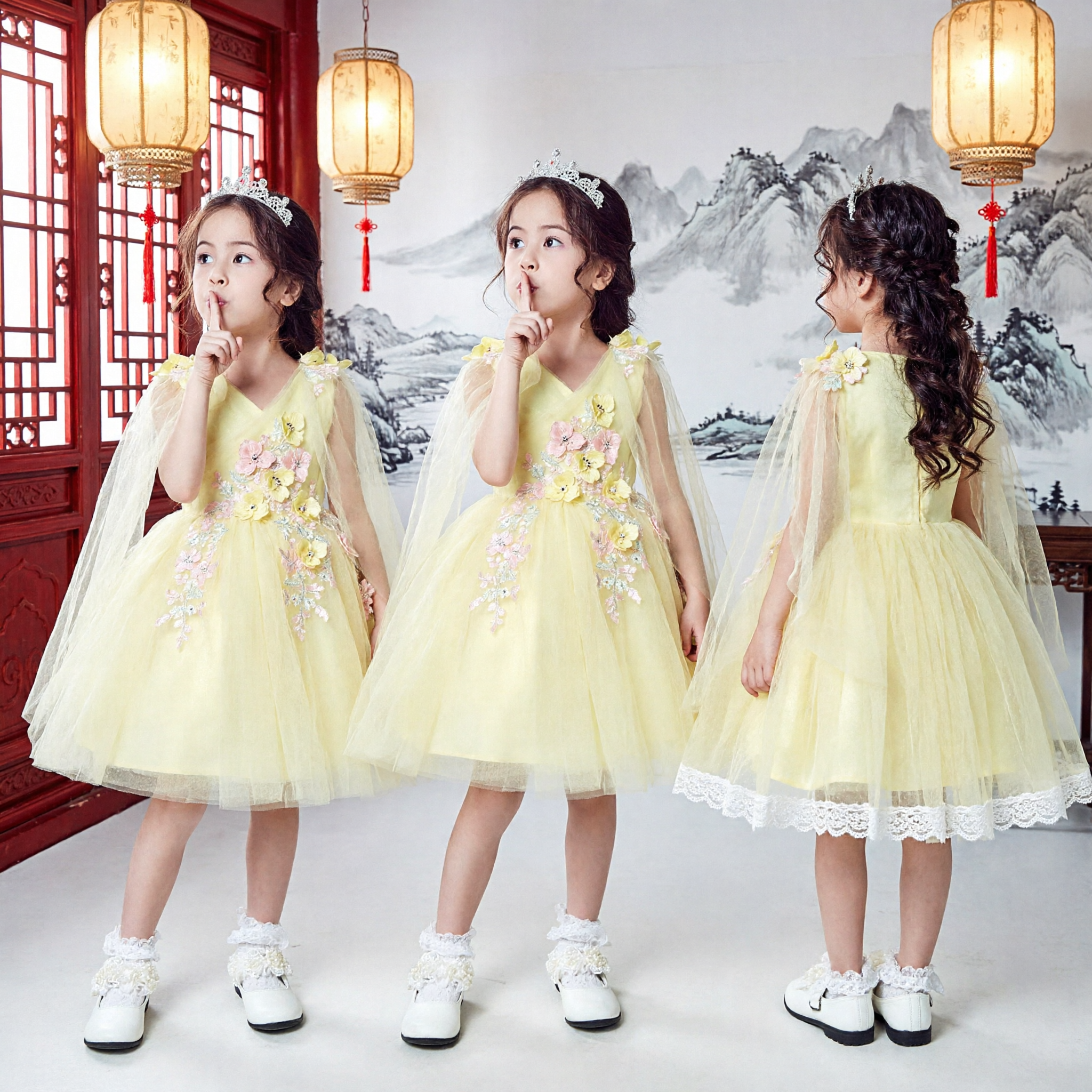 Elegant Yellow Flower Girl Dress with Floral Applique and Sheer Cape for Kids Wedding Party