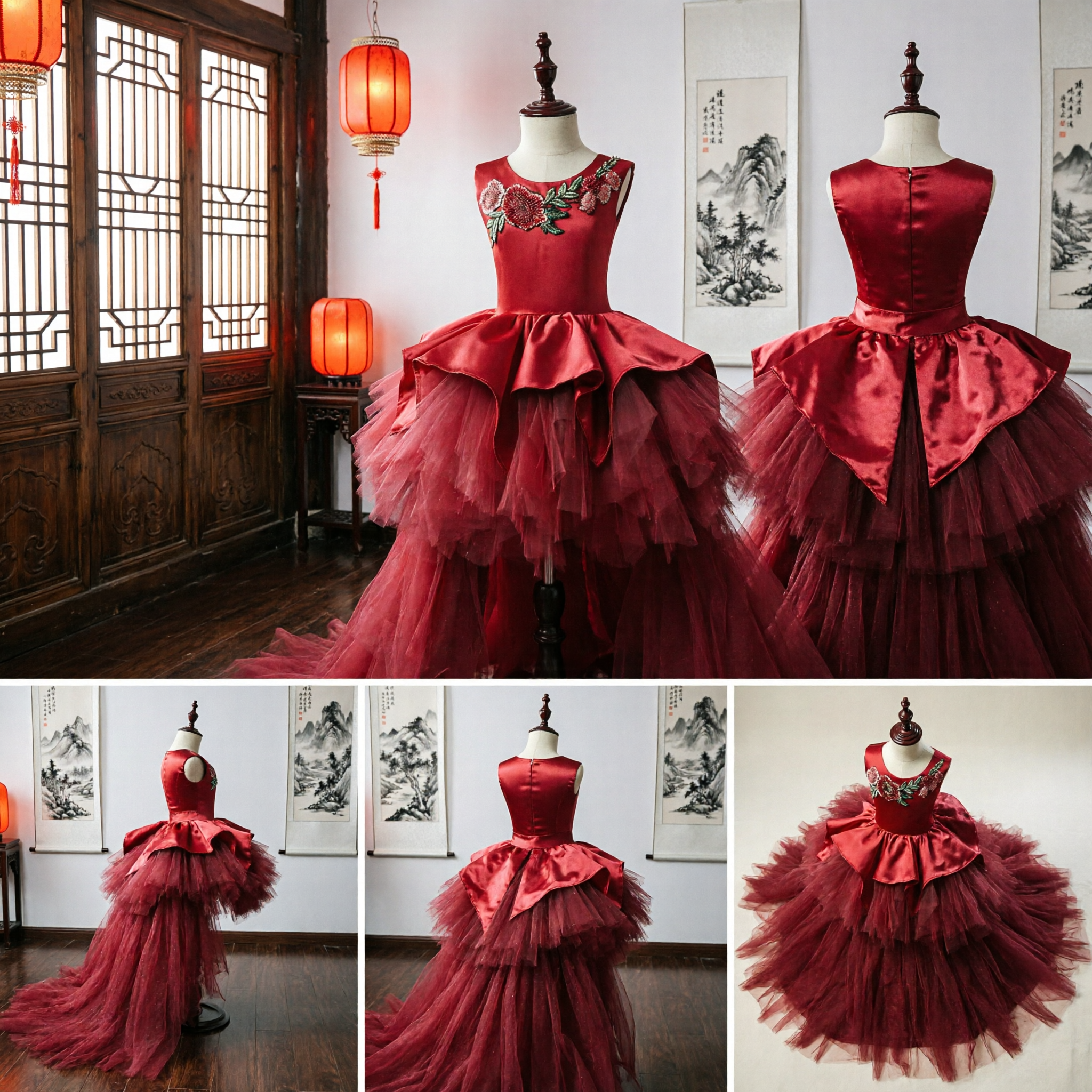 Kids Girls Red Floral Embroidery Ball Gown High Low Tulle Dress for Wedding Pageant Party
