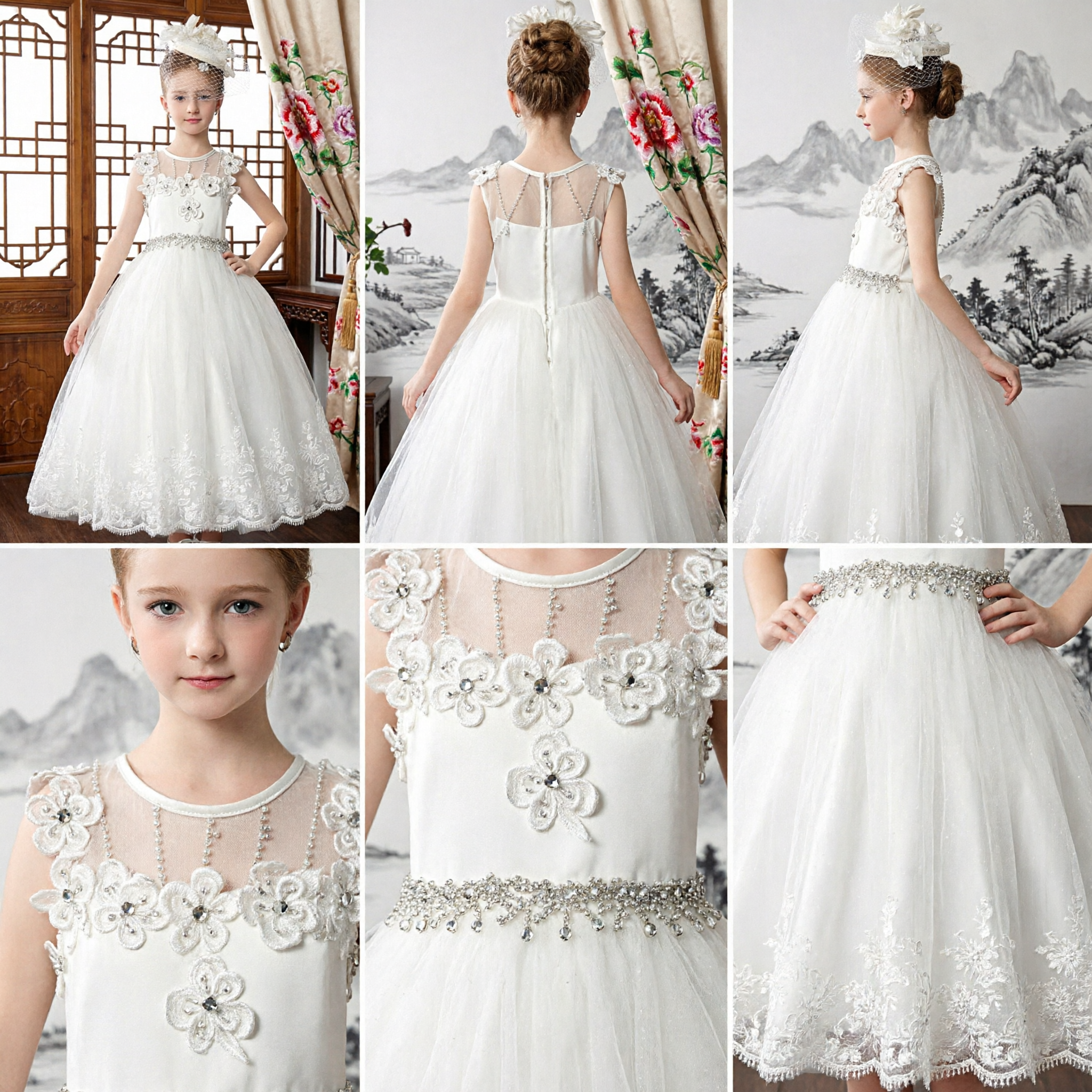 Elegant White First Communion Dress for Girls Flower Girl Wedding Gown with Lace Appliques and Beaded Waist