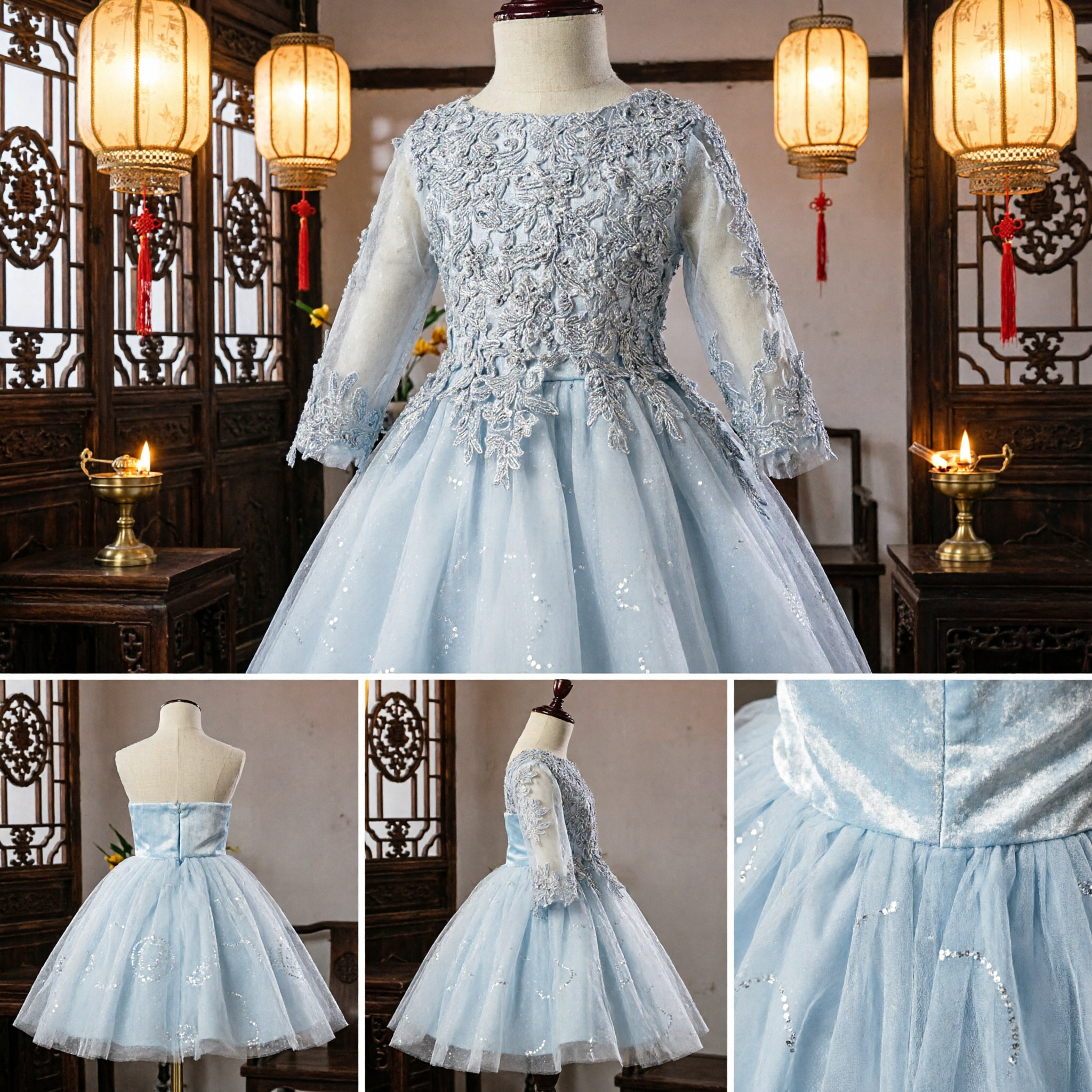 Elegant Girls Lace Applique Flower Girl Dress Long Sleeve Tulle Skirt for Wedding Party Formal Occasion