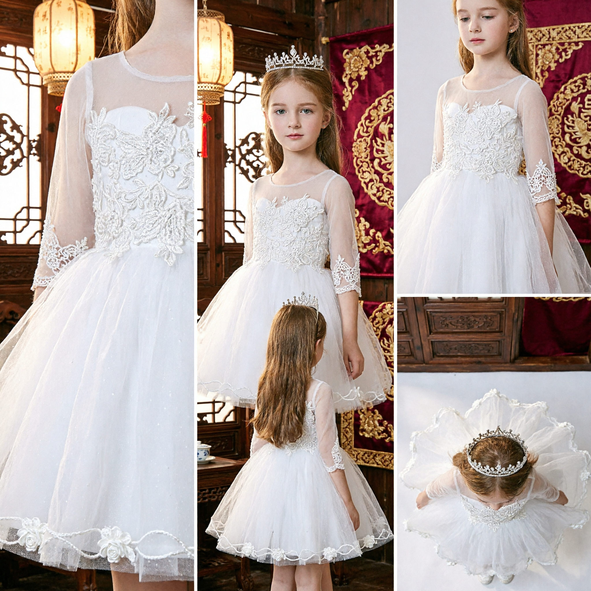 Elegant White Lace Flower Girl Dress with Tulle Skirt for First Communion Wedding Party