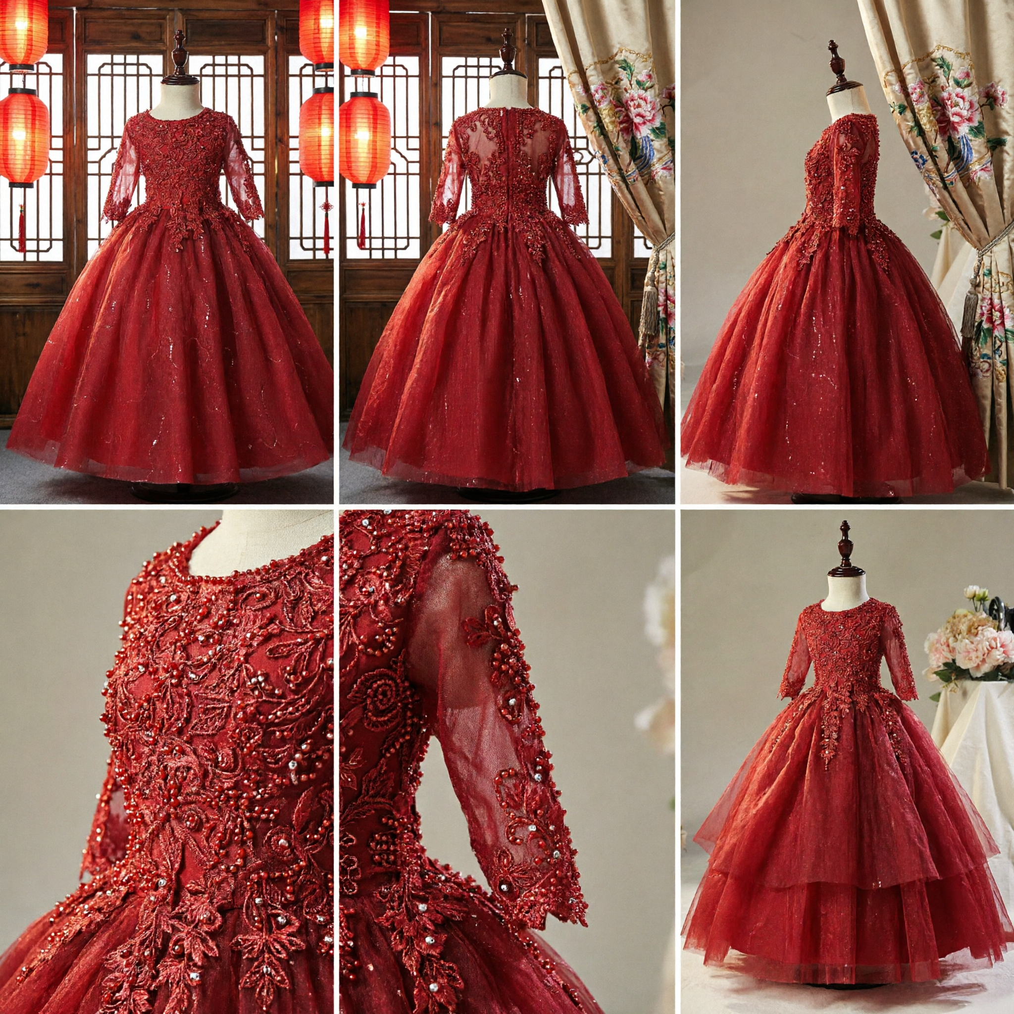 Elegant Red Flower Girl Dress Long Sleeve Lace Applique Kids Formal Ball Gown for Weddings