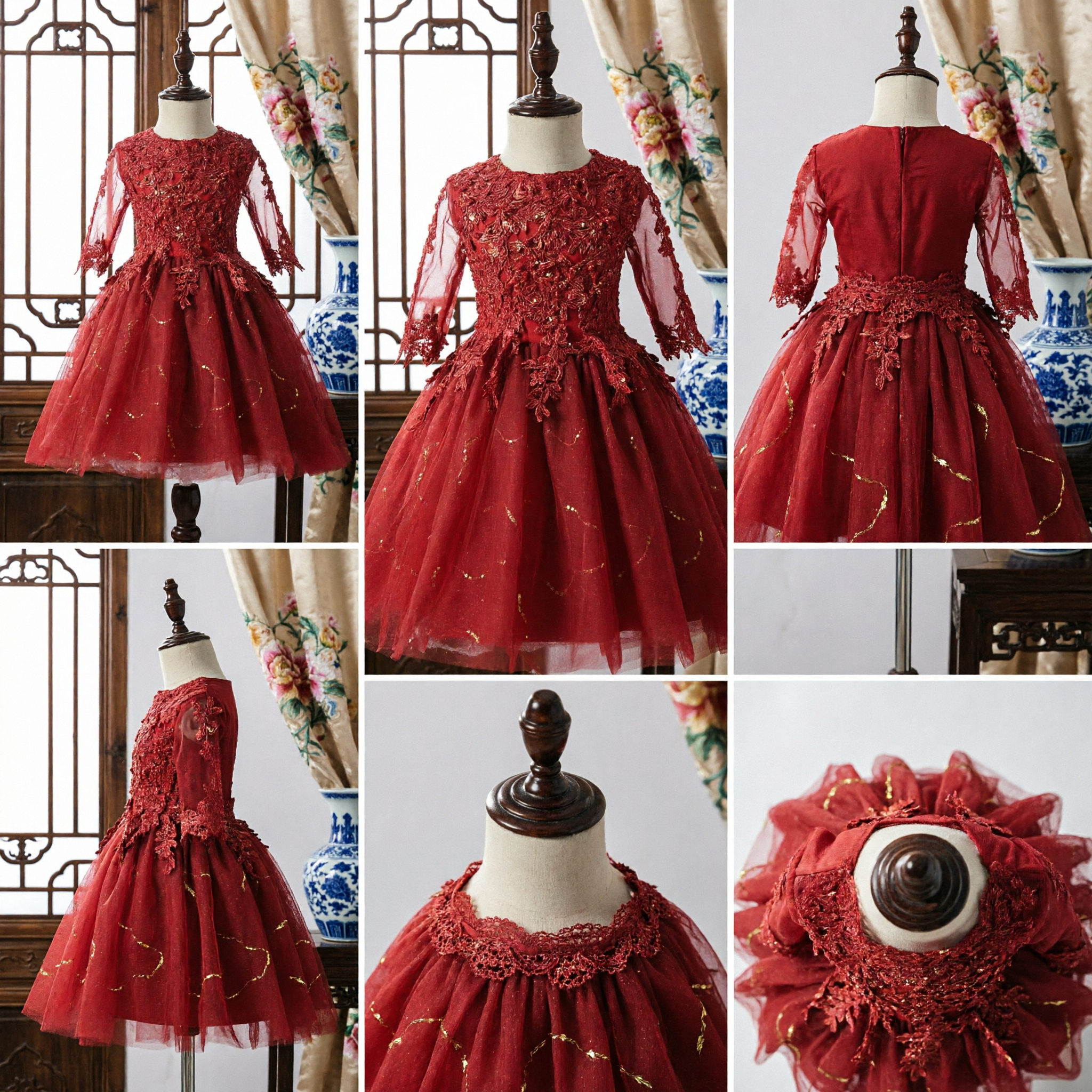 Elegant Red Lace Flower Girl Dress Long Sleeve Tulle Ballgown for Kids Wedding Party Formal Gown