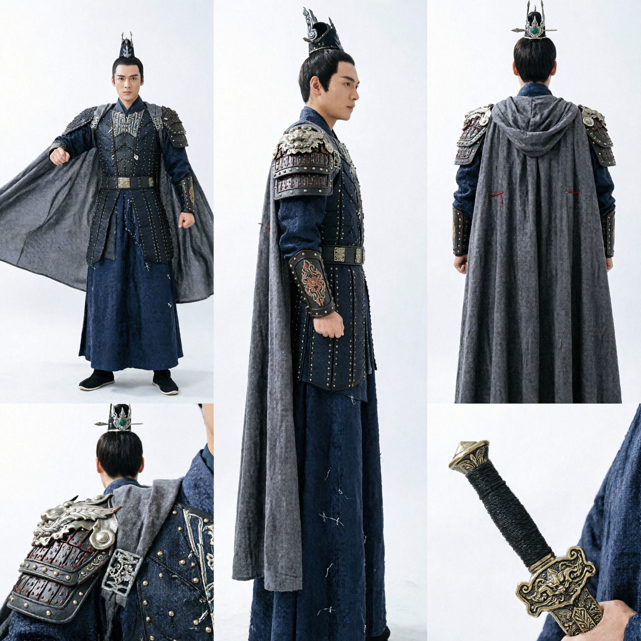 Men's Ancient Chinese General Black Warrior Armor Cape Cosplay Costume Traditional Wuxia Drama Outfit
