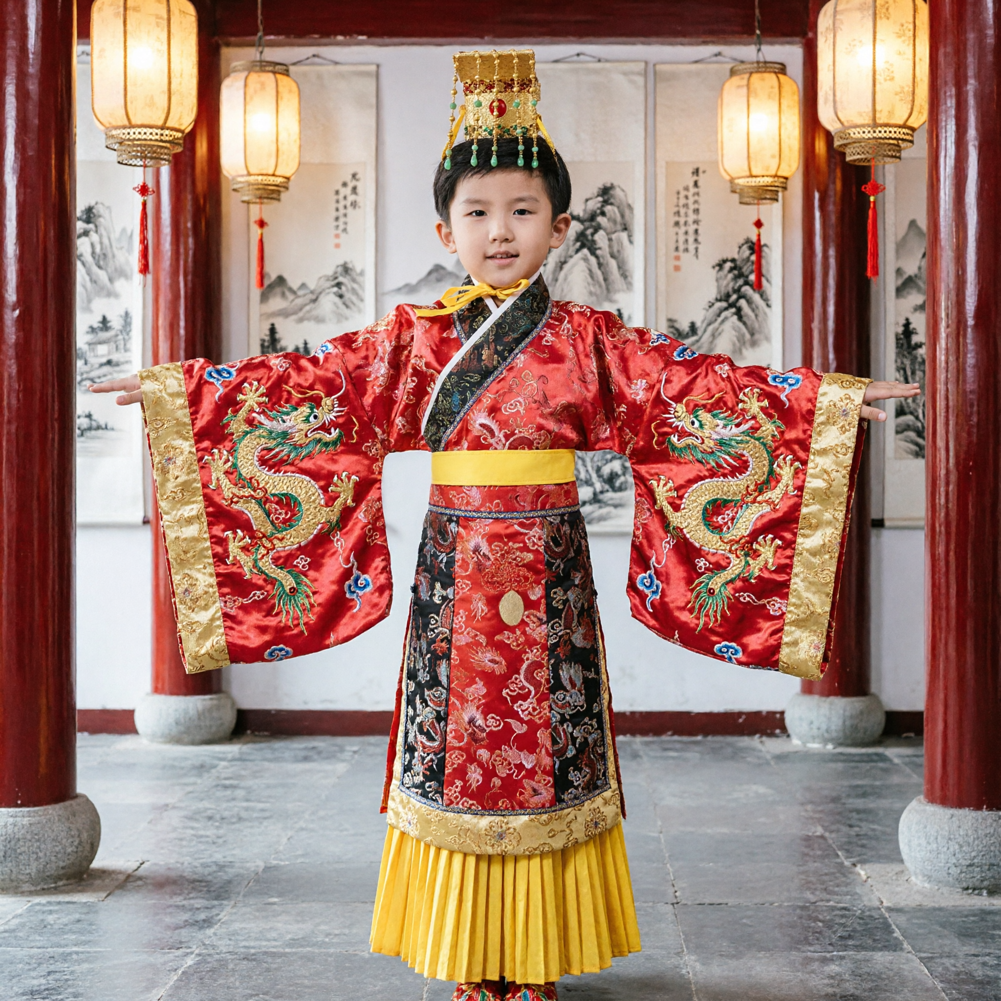 Kids Boys Chinese Traditional Emperor Hanfu Costume Red Ancient Prince Clothing Complete Set for Stage Performance