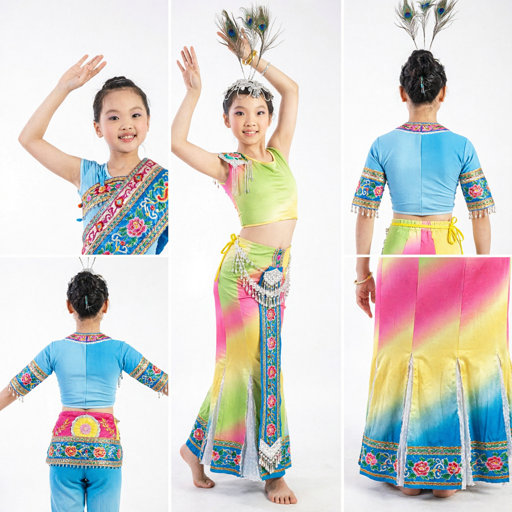 Kids Chinese Peacock Dance Costume Girls Dai Minority Ethnic Stage Performance Outfit with Feathers