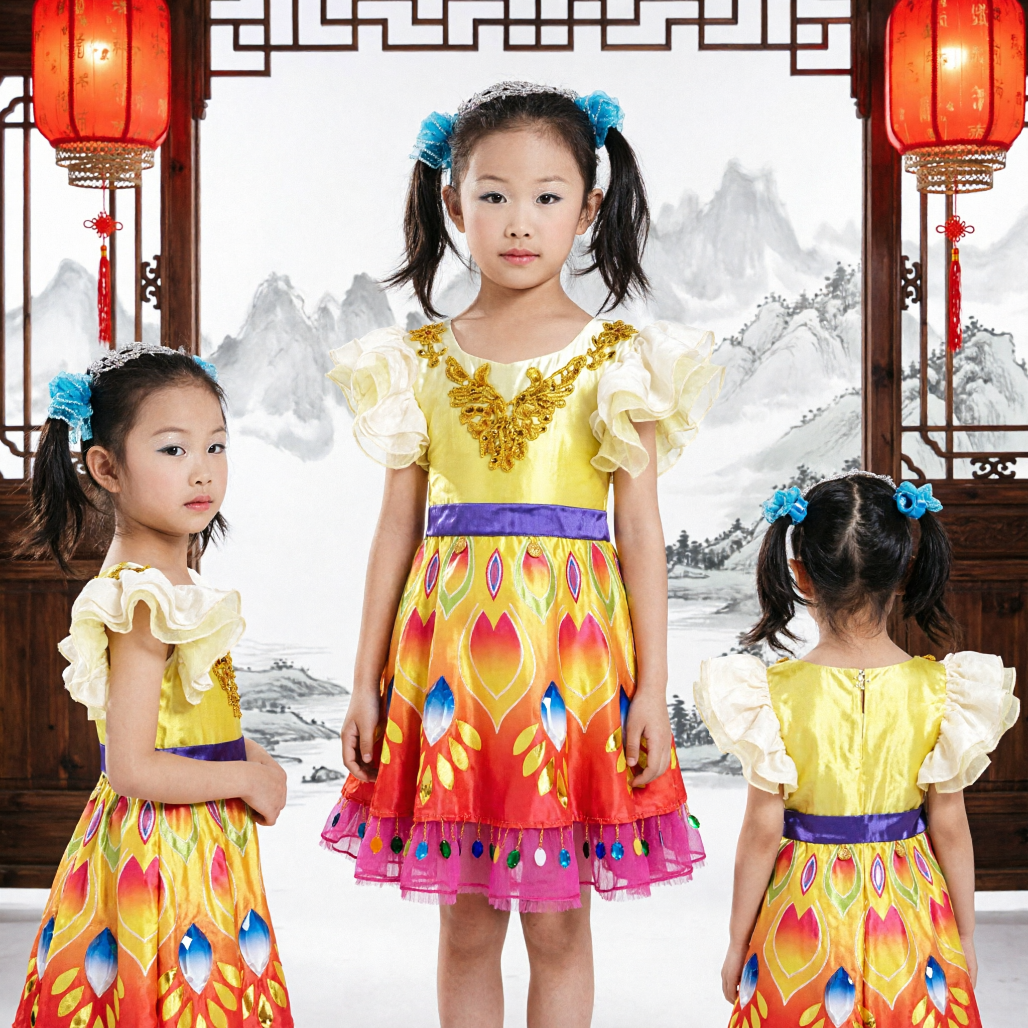 Girls Chinese Traditional Folk Dance Costume Yellow Lotus Dress Kids Performance Stage Outfit