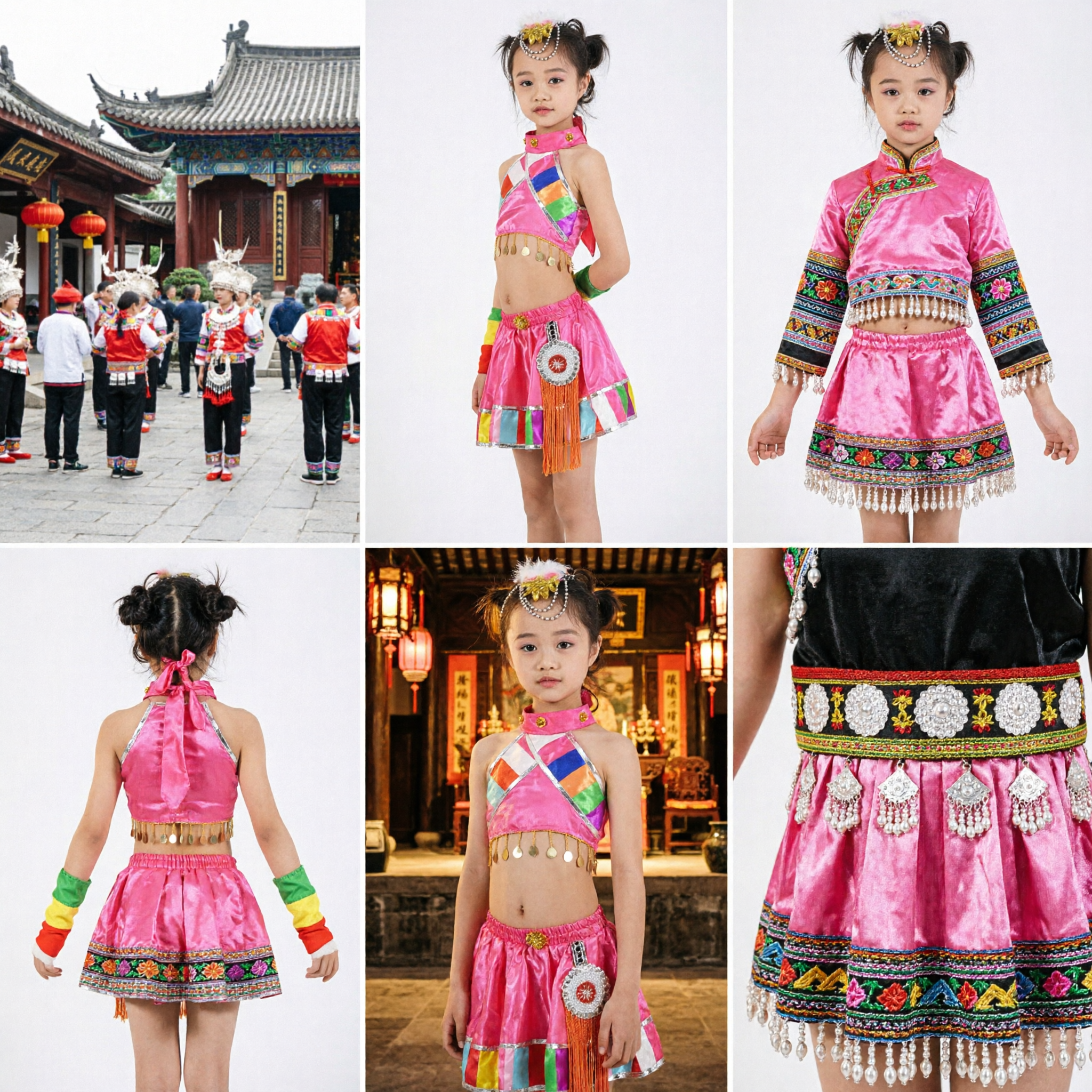 Children Traditional Tibetan Dance Costume Pink Ethnic Minority Outfit with Long Water Sleeves for Stage Performance