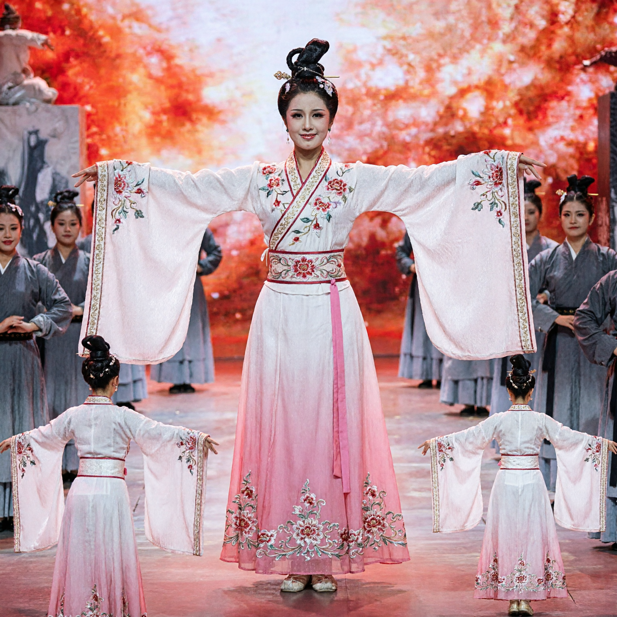 Chinese Classical Dance Costume Chang'e Fairy Dress with Long Water Sleeves for Women Stage Performance