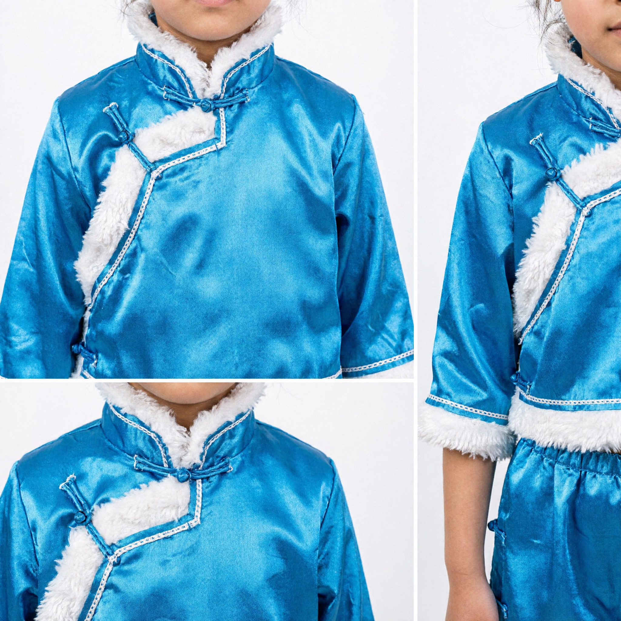 Kids Blue Traditional Chinese Dance Costume Girls Ethnic Stage Performance Outfit with White Fur Trim Set