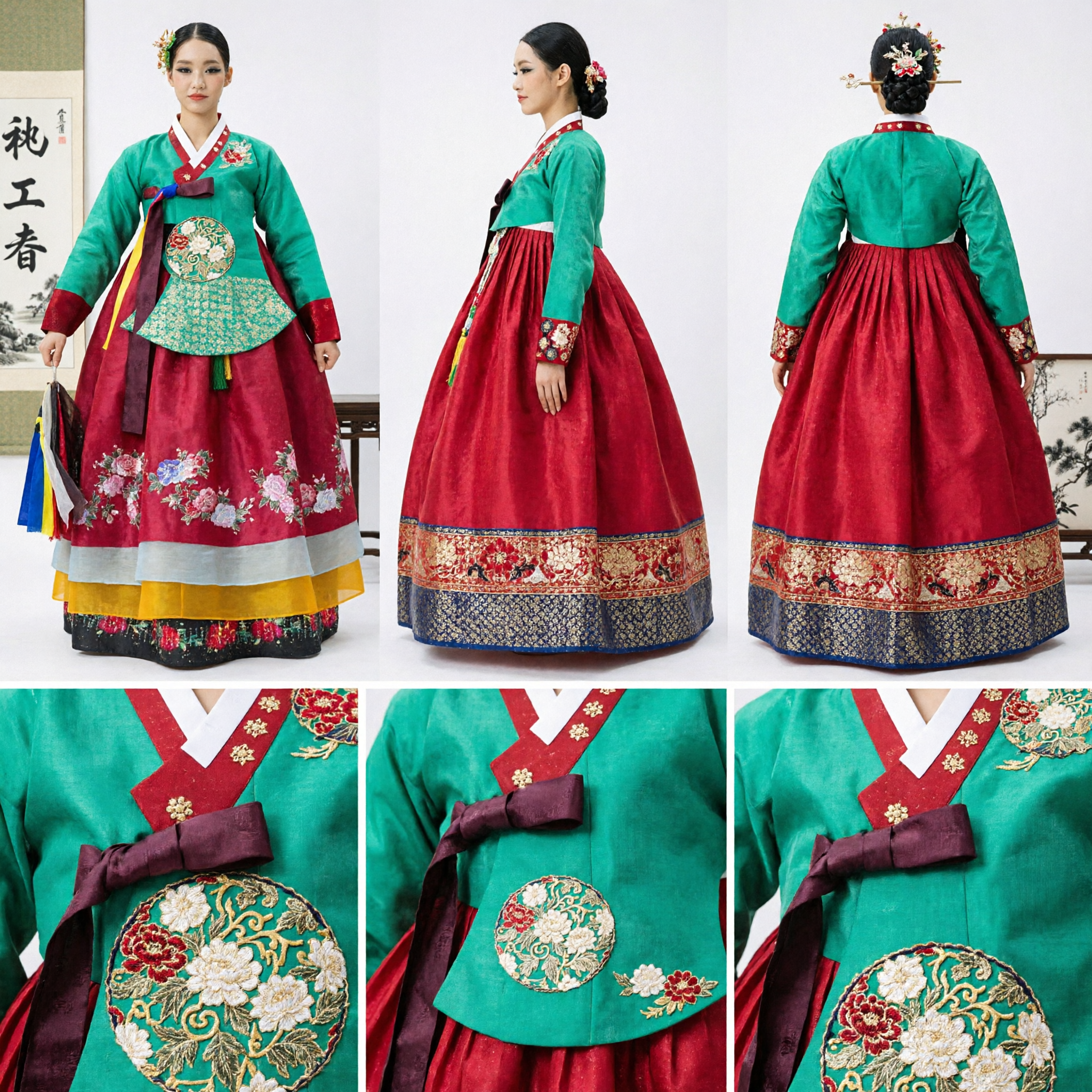 Traditional Korean Hanbok Dress for Women Green Top and Red Floral Skirt Folk Dance Costume