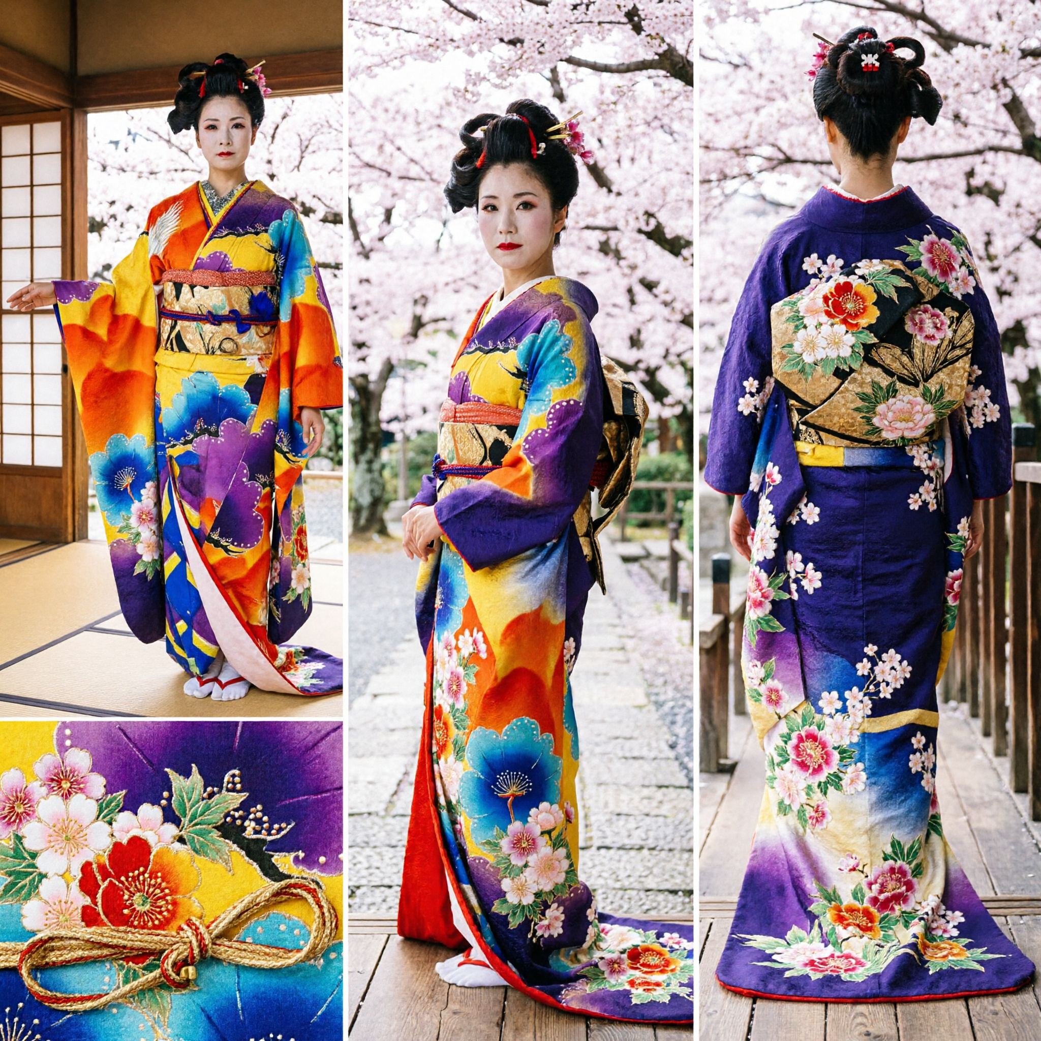 Vibrant Japanese Geisha Kimono Costume with Long Floral Train and Dance Fan for Women Stage Performance