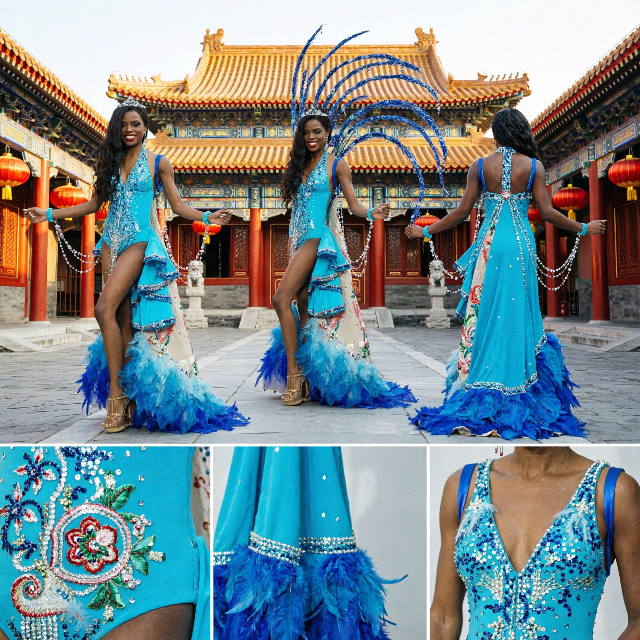 Women's Blue Rio Carnival Samba Costume with Feather Headdress Gold Fringe Parade Performance Outfit