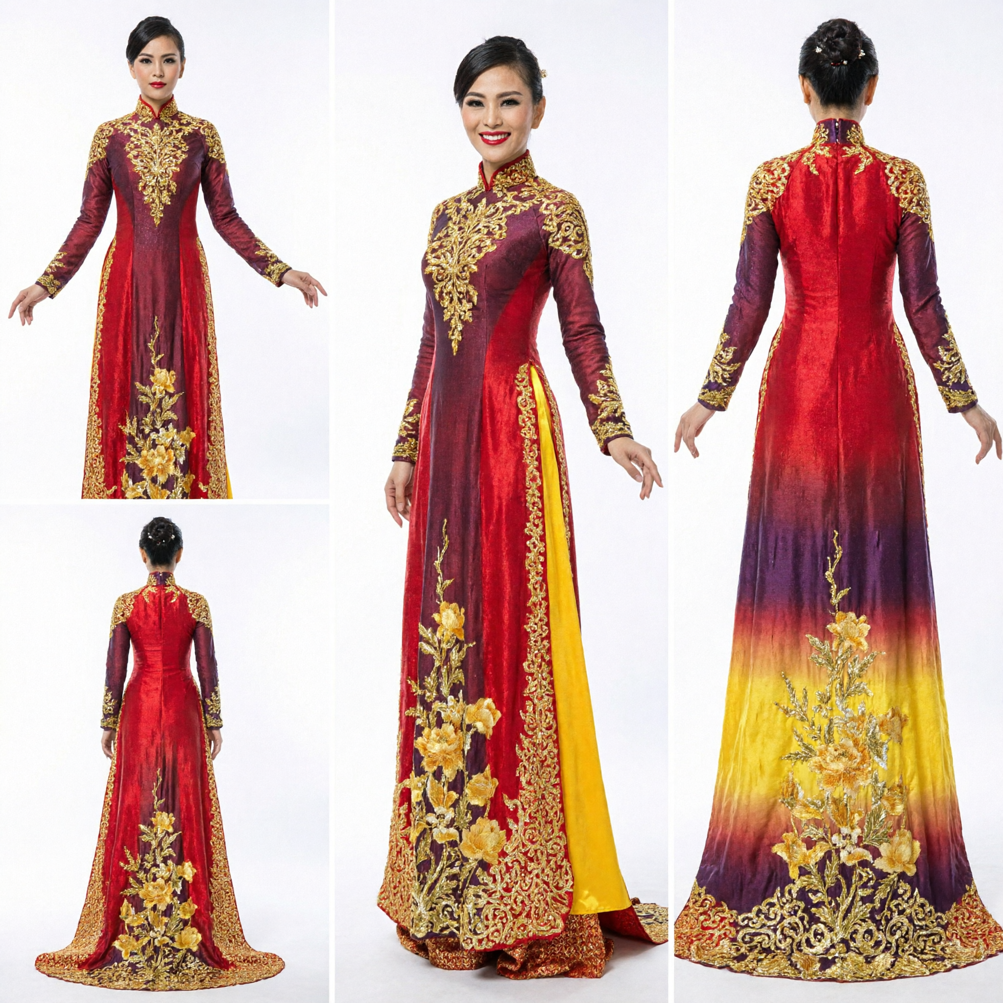 Traditional Vietnamese Red Ao Dai Wedding Dress for Women with Gold Embroidery and Matching Headdress