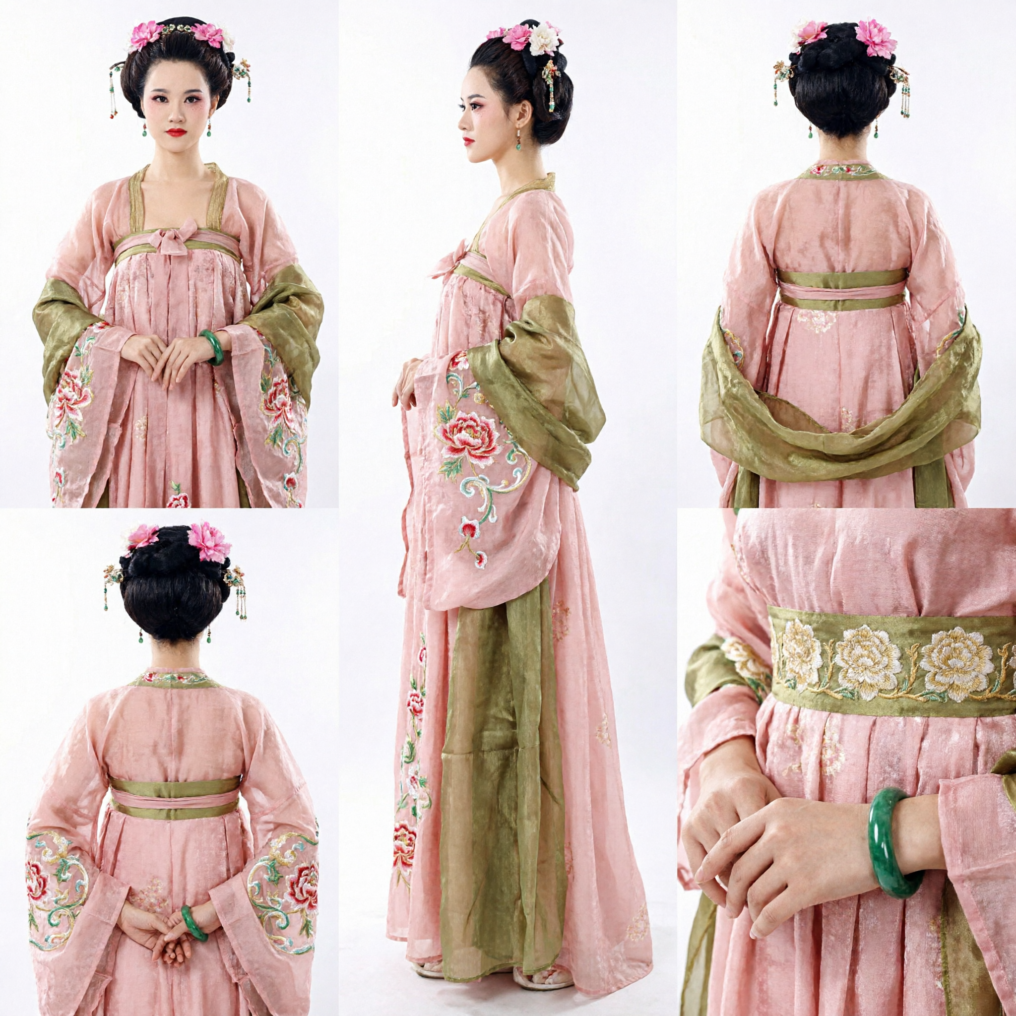 Traditional Chinese Tang Dynasty Hanfu Costume Pink and Green Ancient Palace Dress for Women Performance and Cosplay