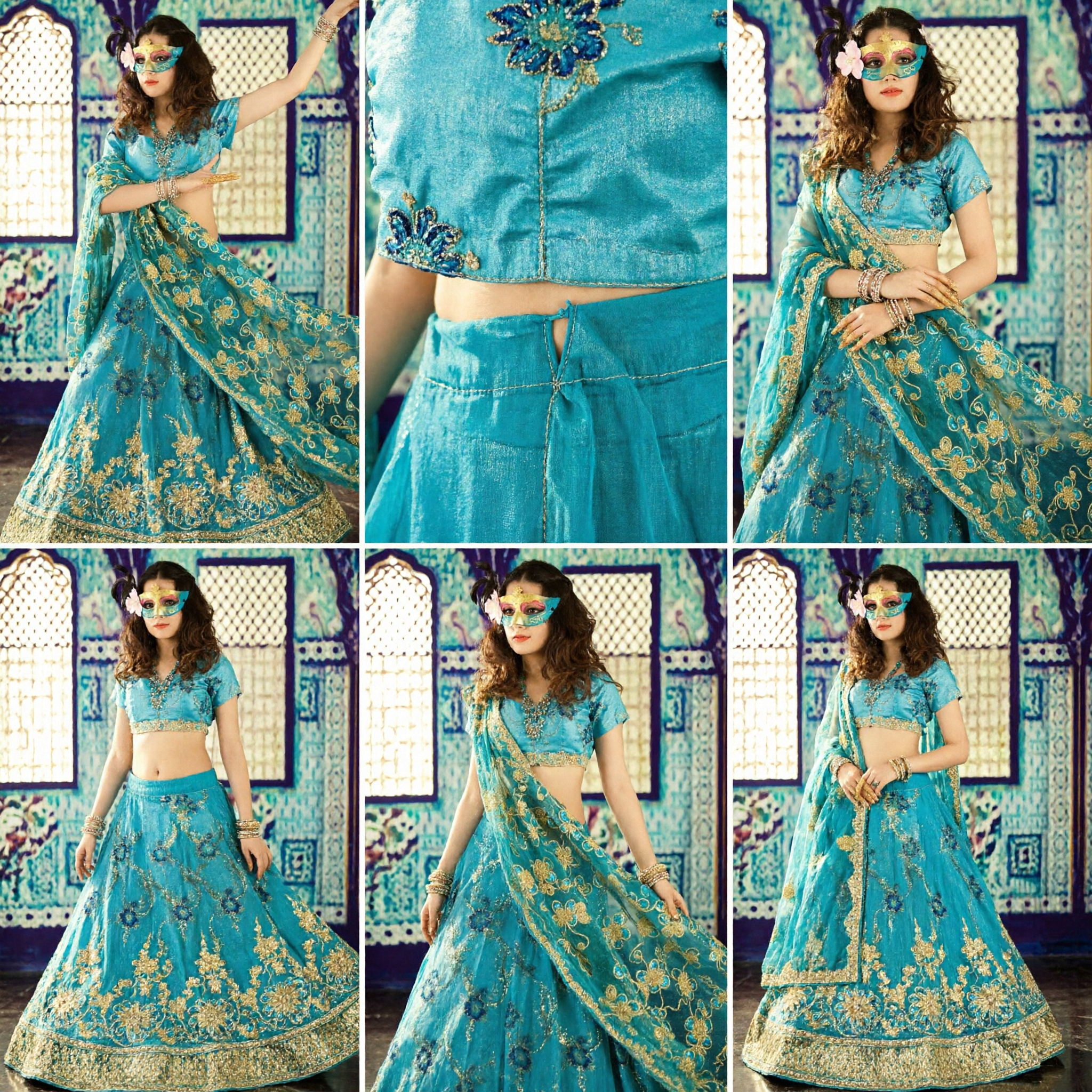 Teal Blue Indian Bollywood Dance Costume Set with Gold Embroidery and Mask for Women's Party Performance