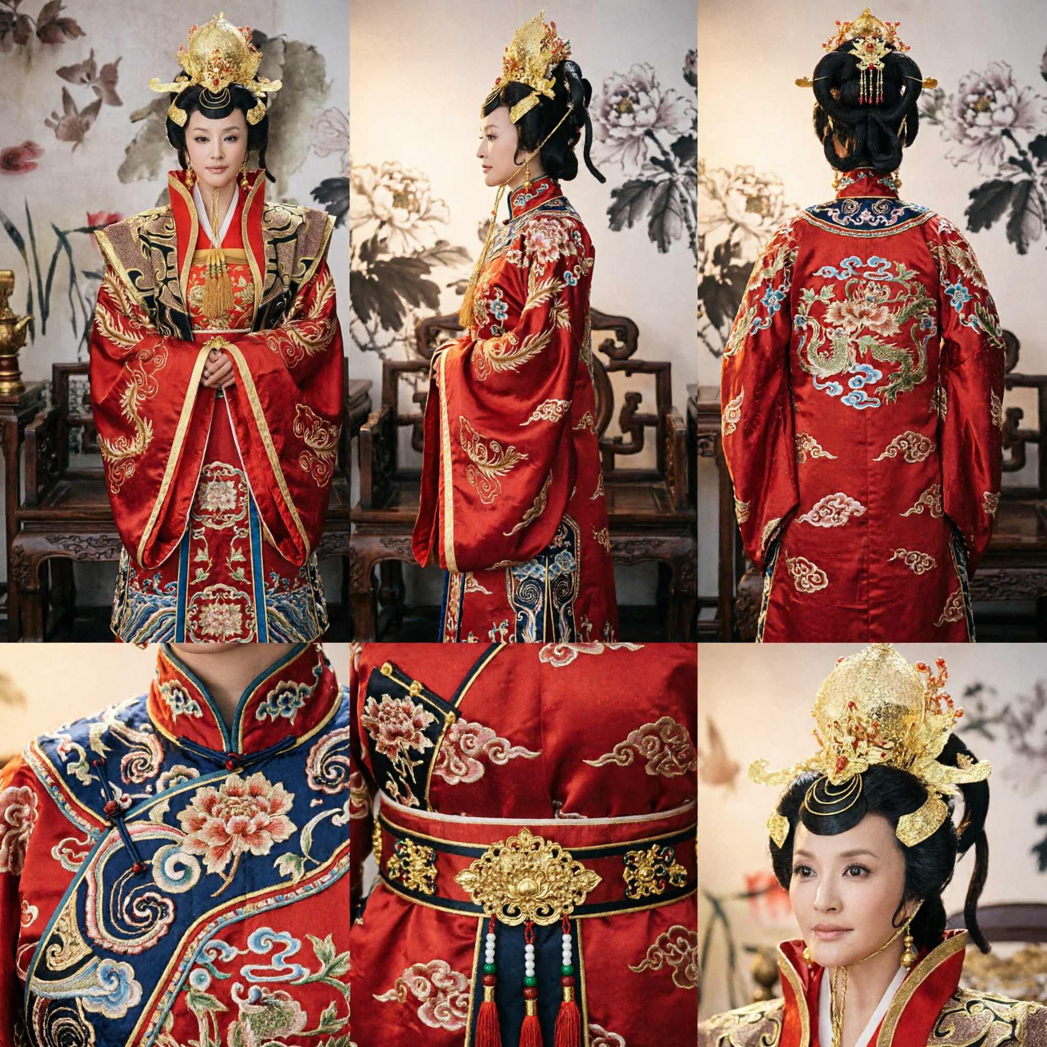 Traditional Chinese Ancient Empress Costume Tang Dynasty Royal Red Robe Complete Set with Golden Headdress for Women