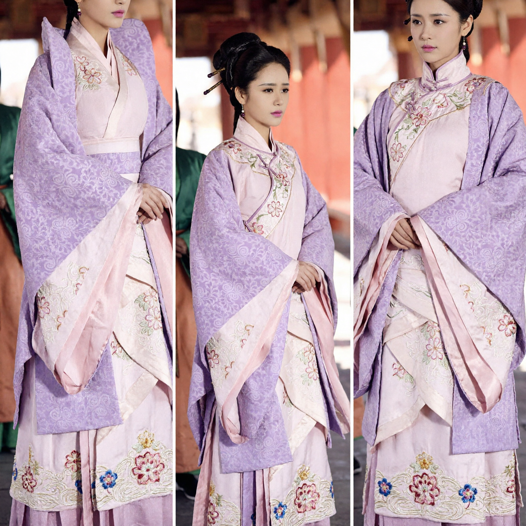 Elegant Purple Patterned Hanfu Robe with Pink Floral Embroidery Traditional Chinese Ancient Costume for Women