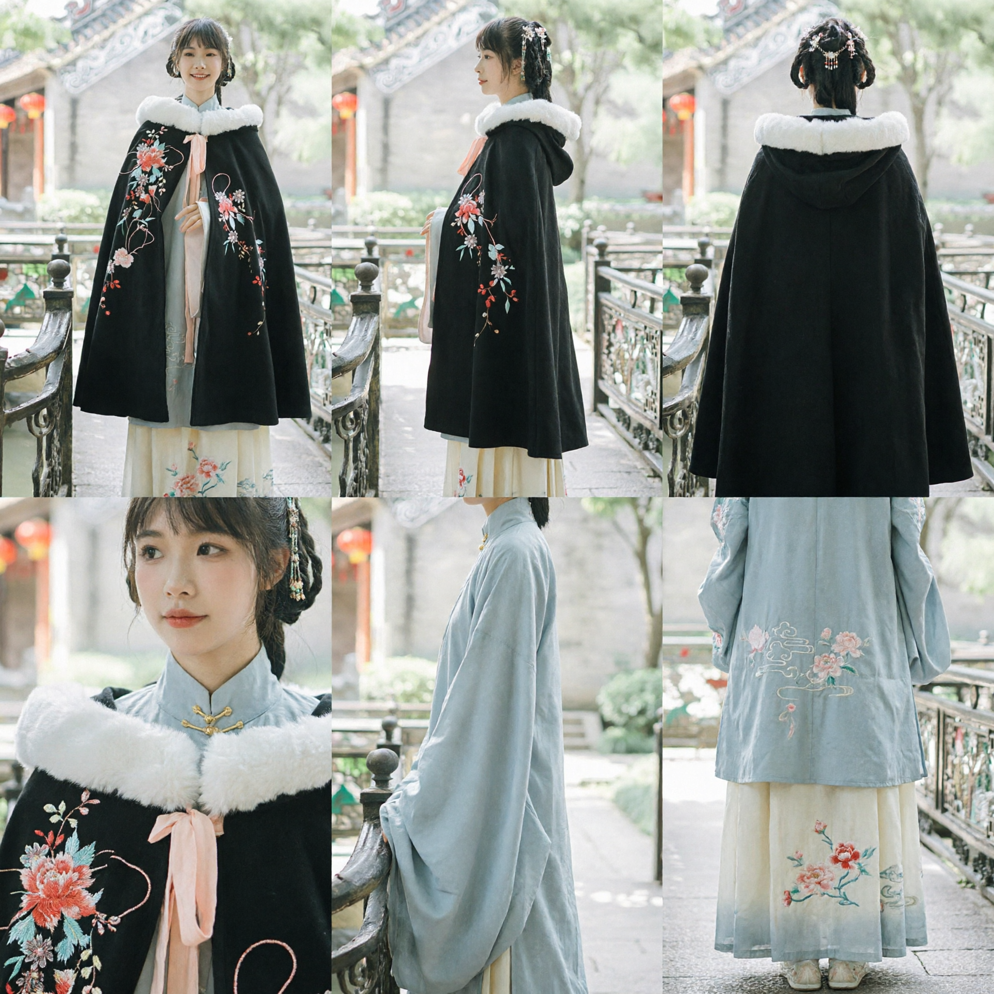 Elegant Black Hanfu Winter Cloak with Floral Embroidery and White Fur Trim Traditional Chinese Cape for Women