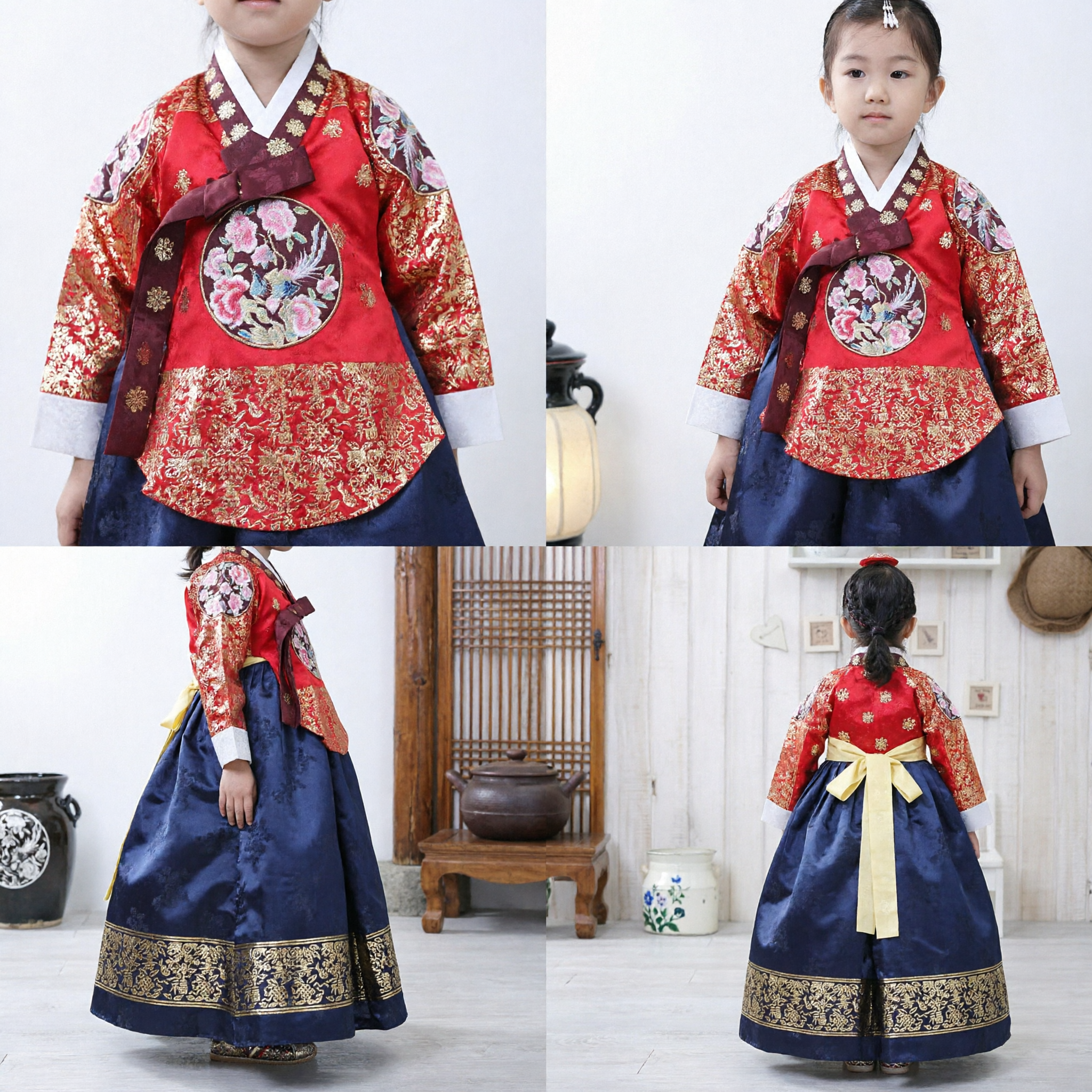 Traditional Korean Hanbok Dress for Kids Girls Red Embroidered Top Blue Skirt Festival Wedding Costume