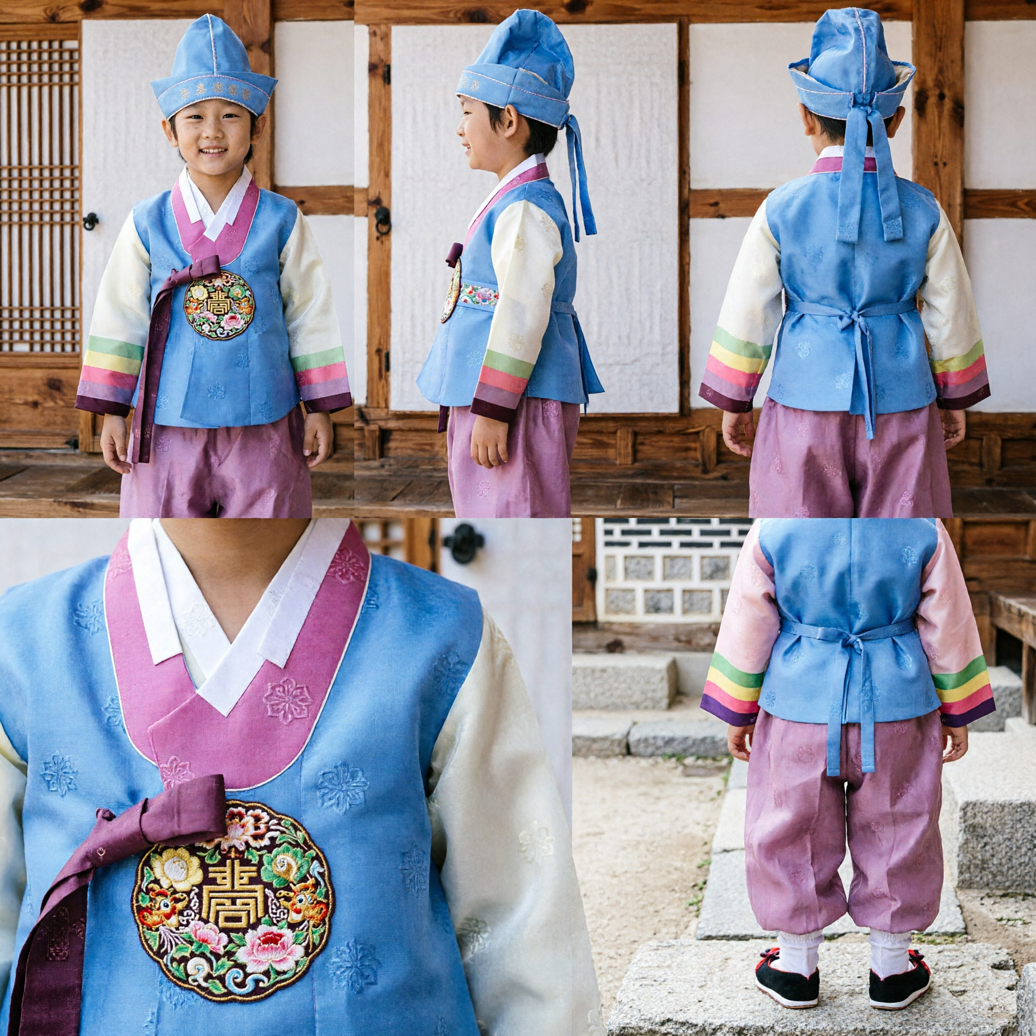 Traditional Korean Hanbok for Boys Blue Vest Pink Baji Hat Shoes Costume Set for Festivals