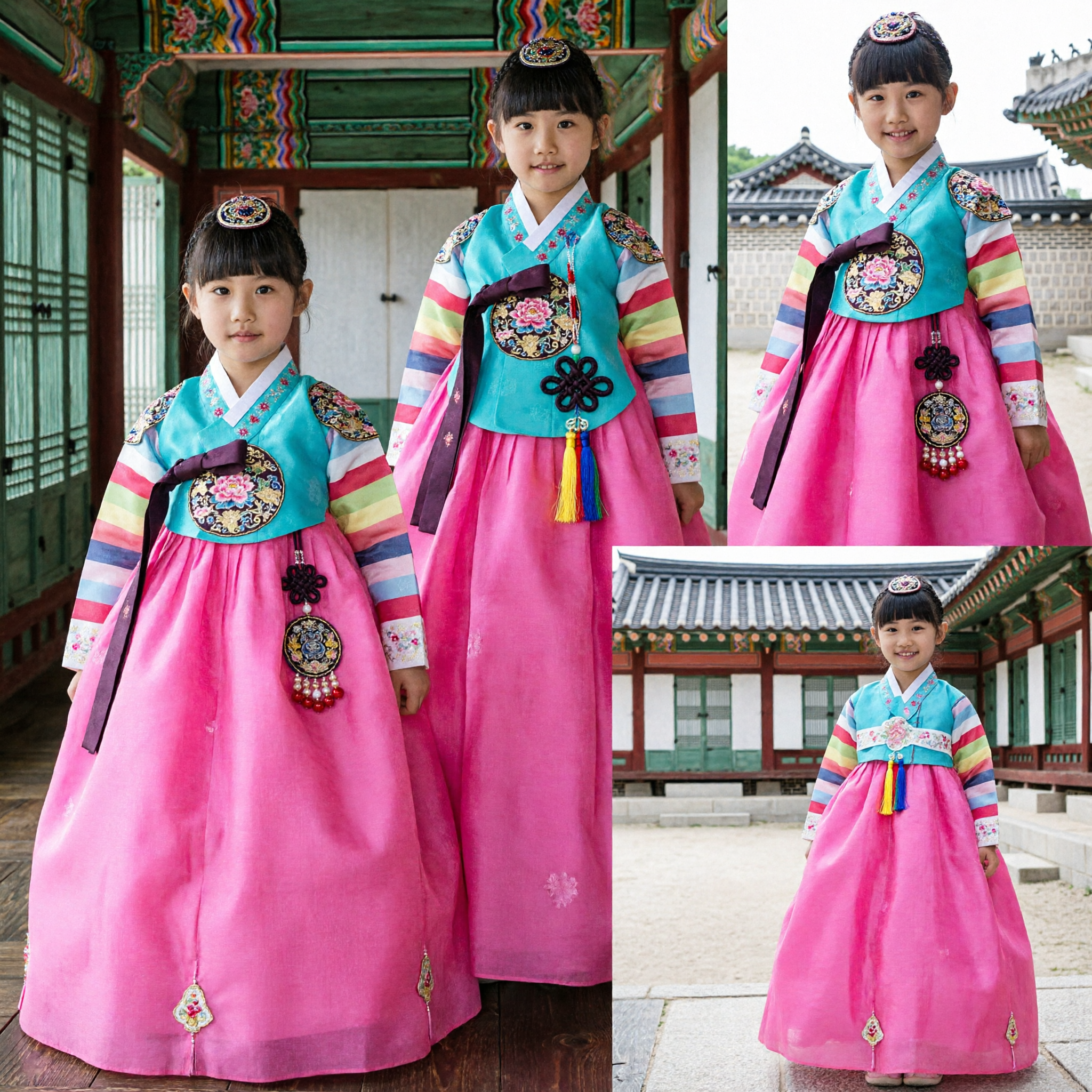 Korean Traditional Hanbok Dress for Girls Rainbow Sleeve Top Pink Skirt Kids Festival Costume