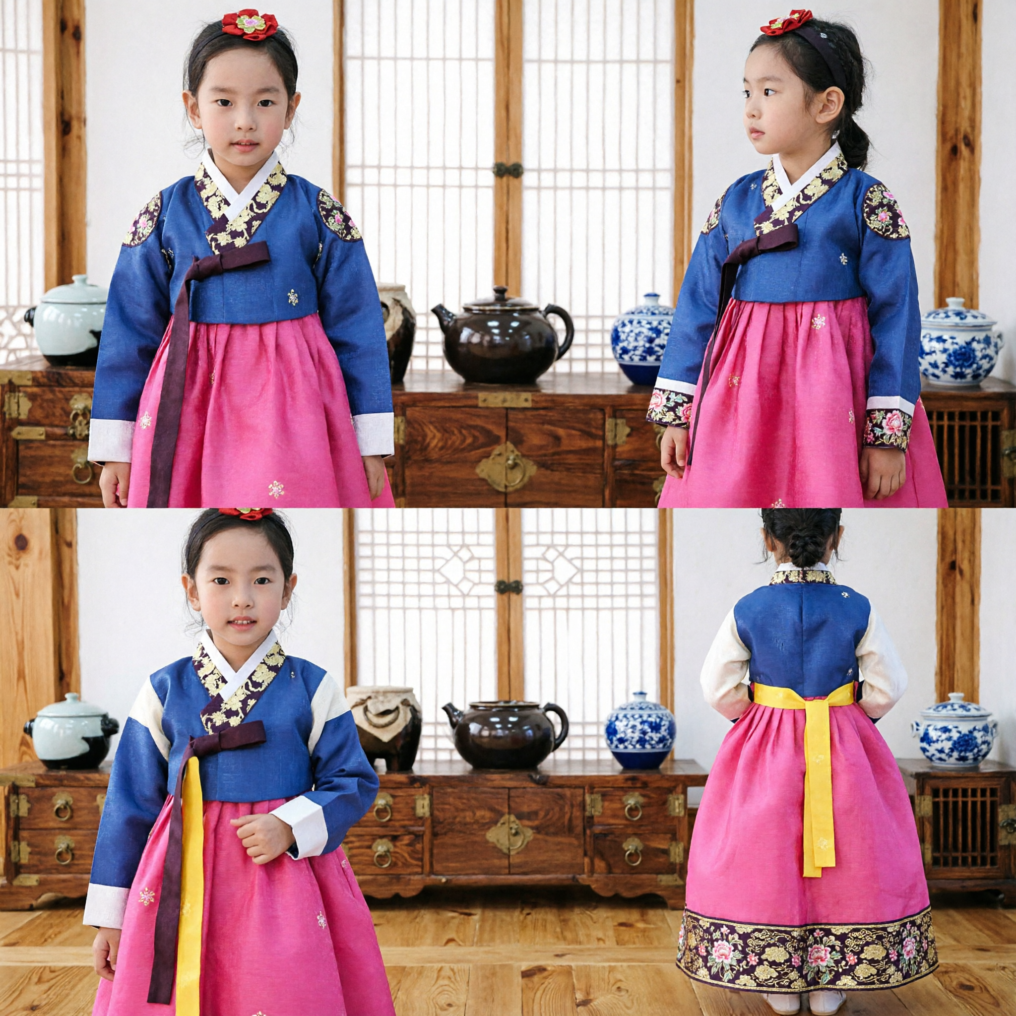 Kids Korean Hanbok Traditional Dress Girls Blue Top with Black Floral Fur Vest and Pink Skirt