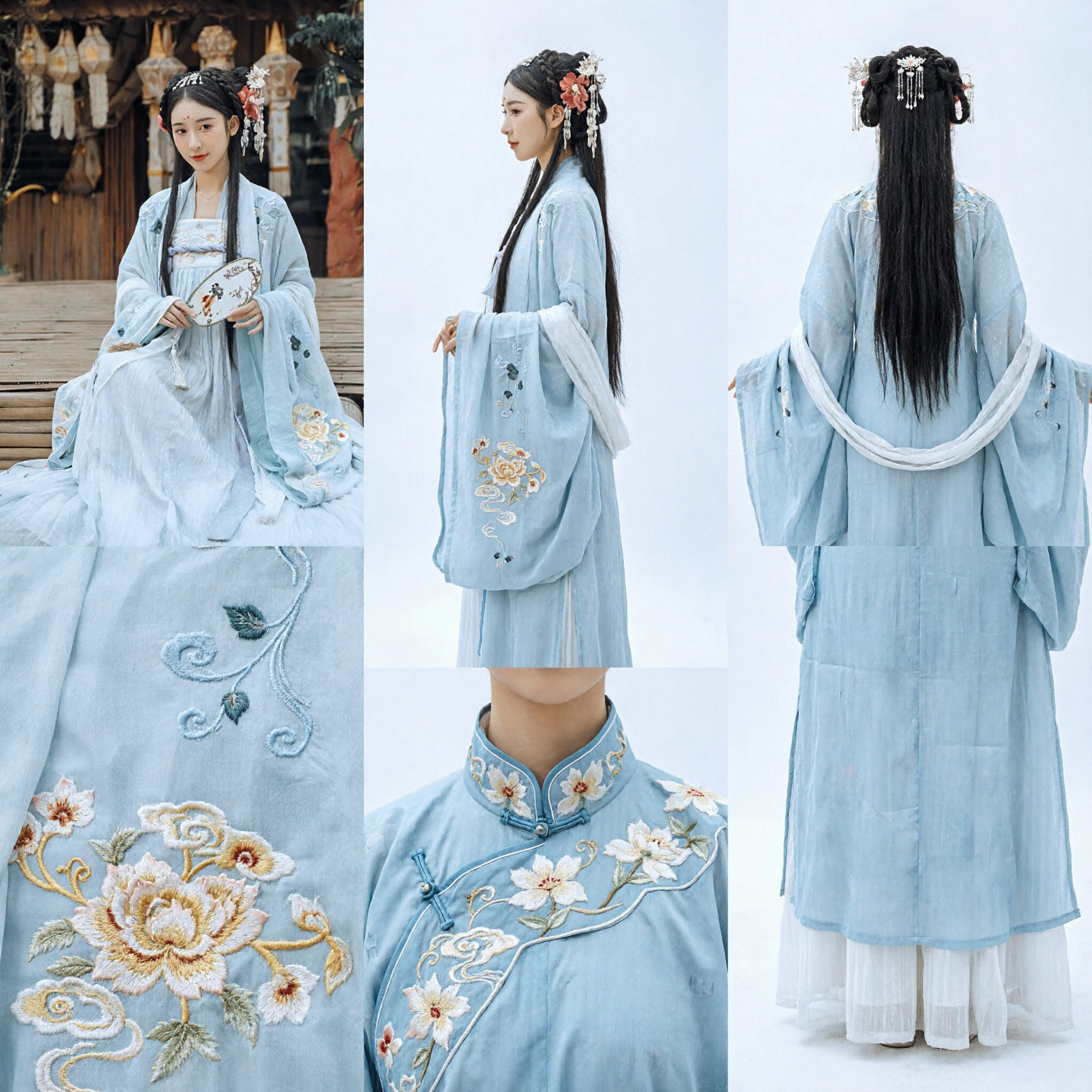 Traditional Chinese Hanfu Dress for Women Light Blue Ancient Style Embroidered Robe Costume for Photography