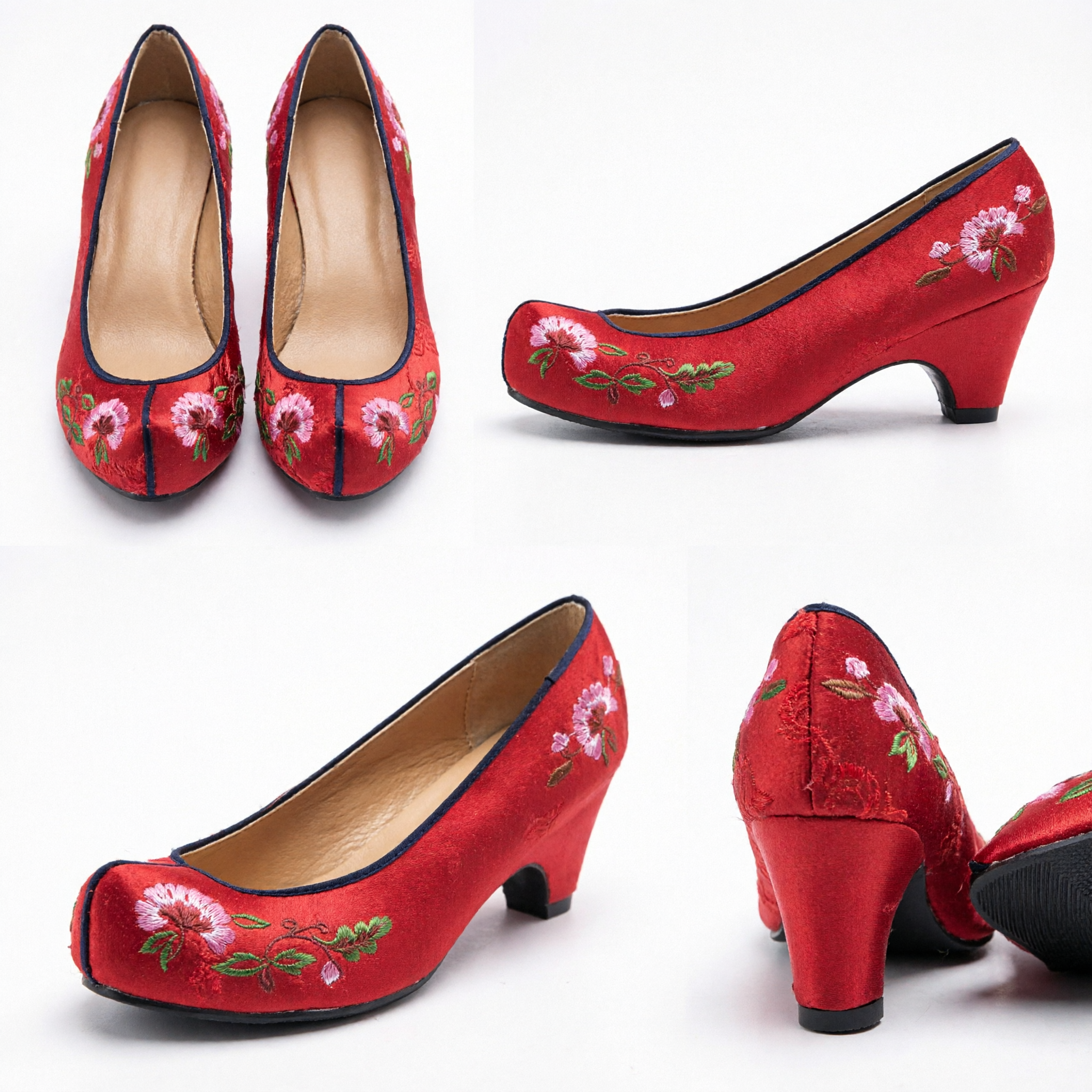 Traditional Chinese Red Embroidered Hanfu Shoes Women's Floral Wedding Wedge Heels Classical Costume Footwear