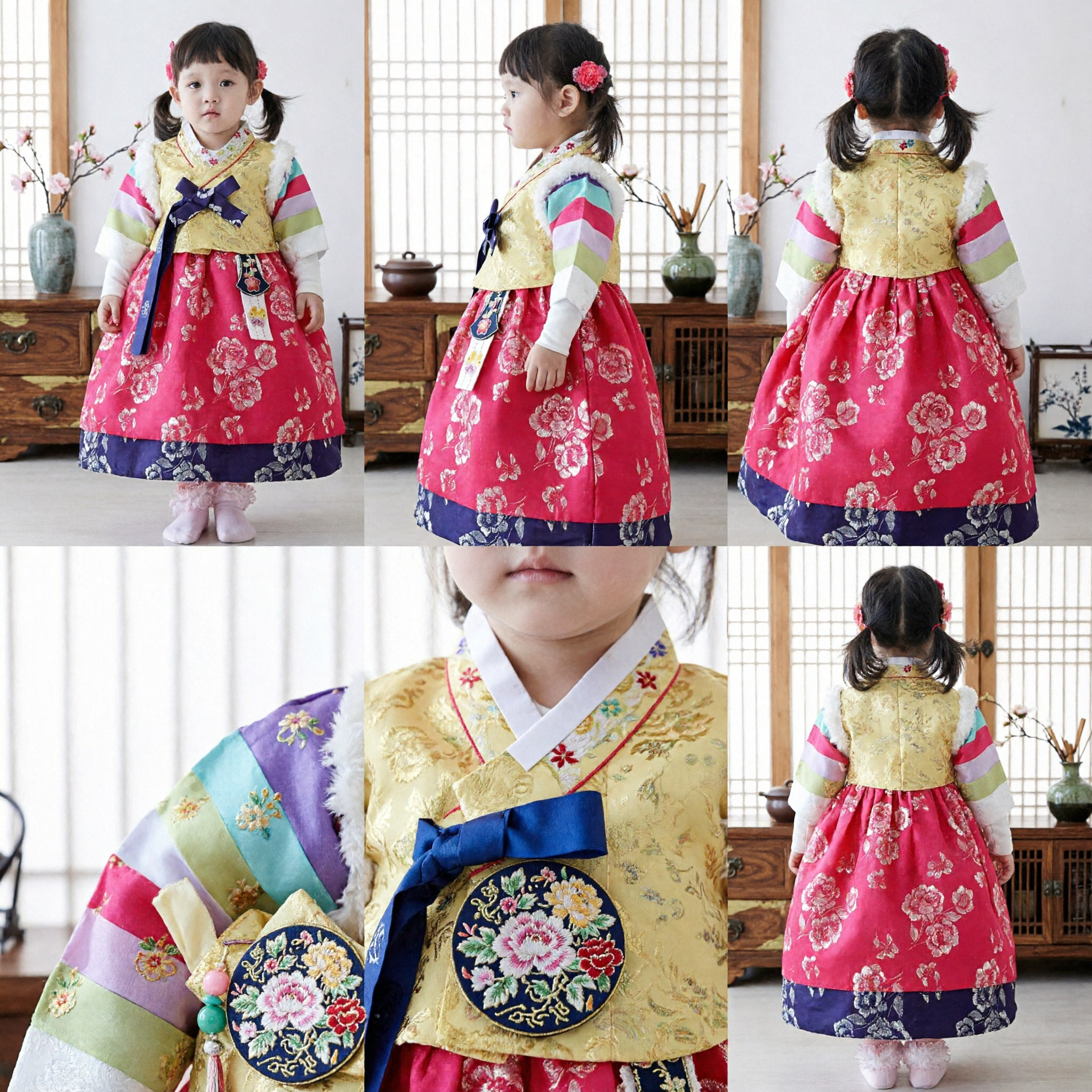 Girls Korean Traditional Hanbok Costume Yellow Floral Jeogori Pink Chima for Wedding Party Holiday