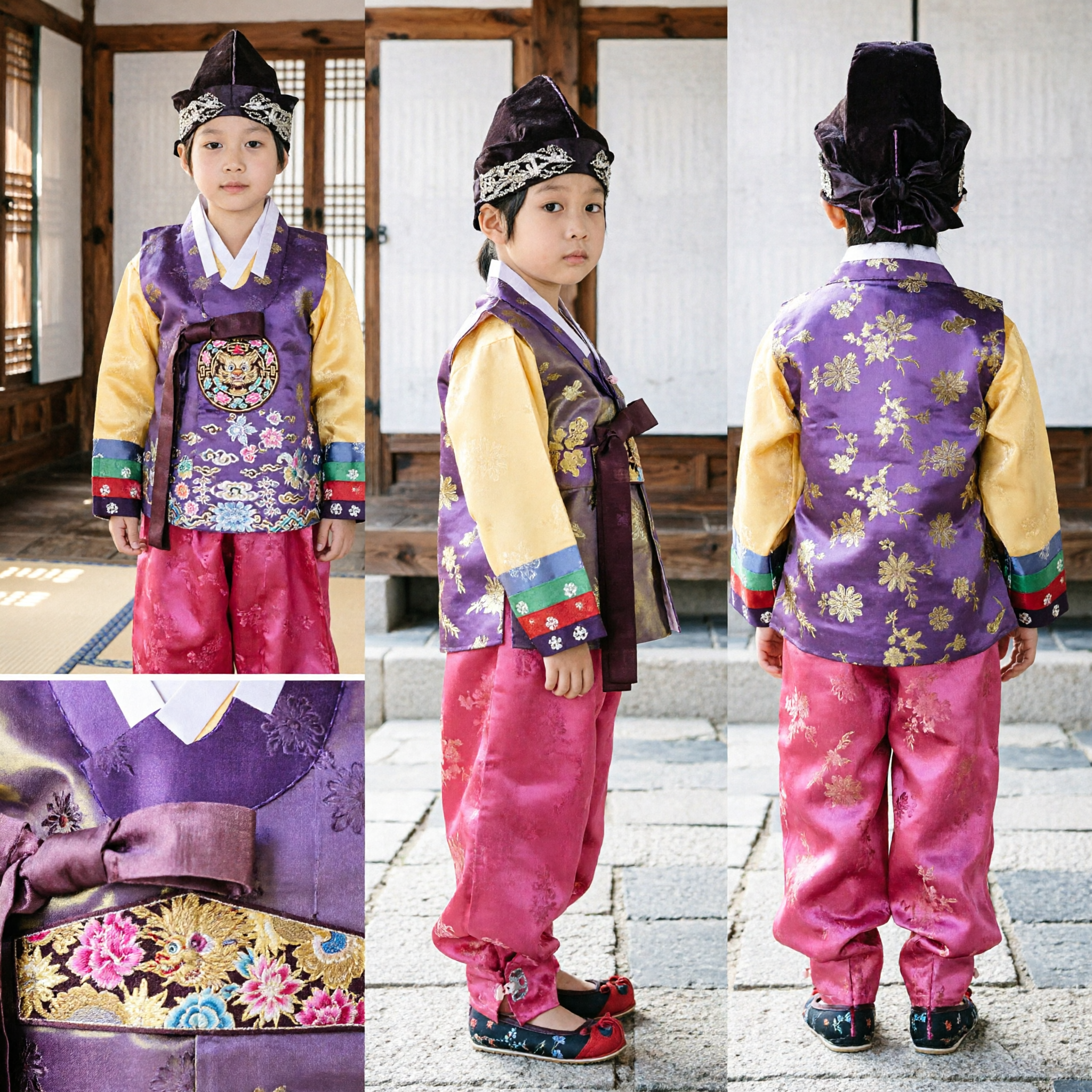 Traditional Korean Hanbok for Boys Purple Gold Jeogori and Pink Baji Set Kids Festival Costume