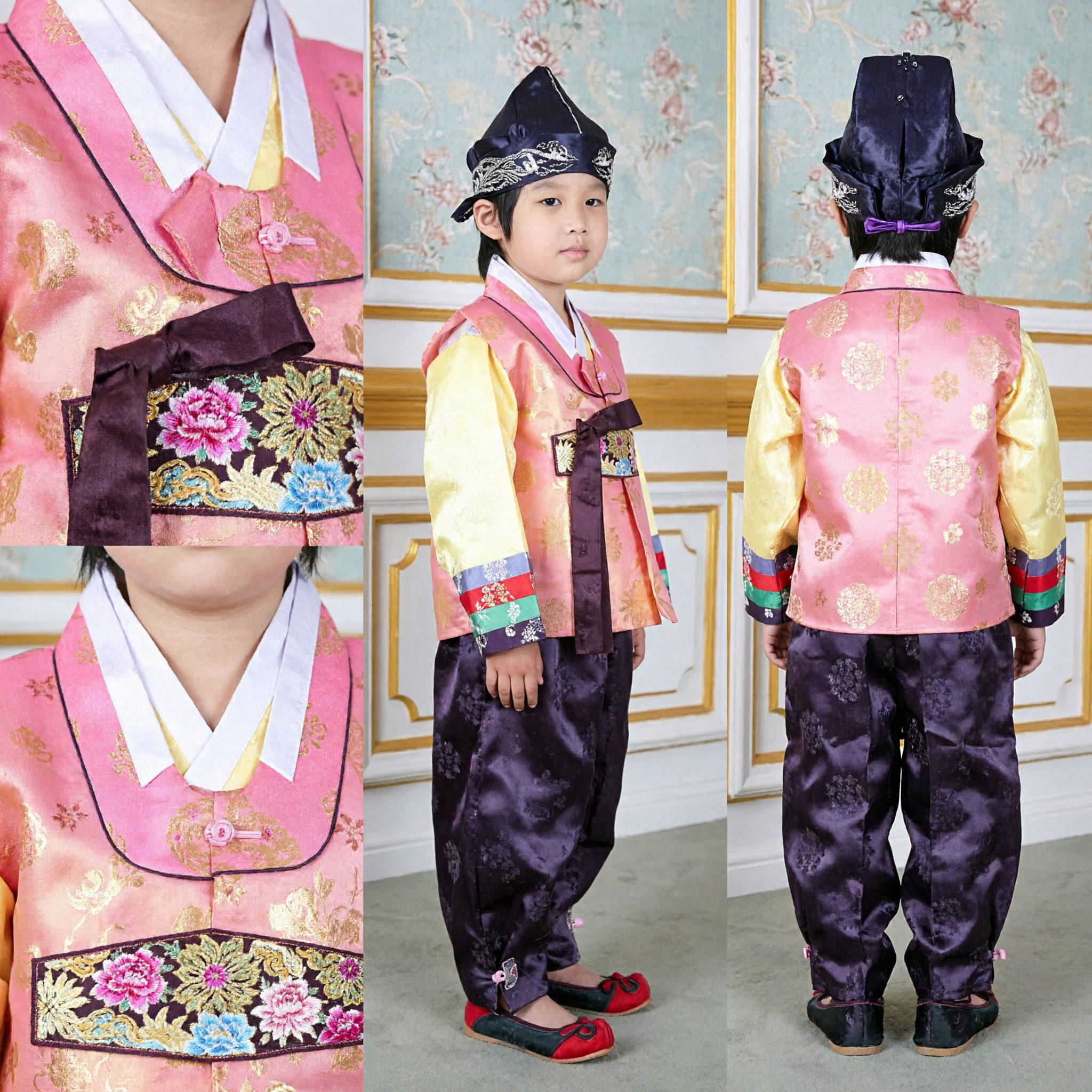 Traditional Korean Hanbok for Boys Pink Vest Yellow Shirt Purple Pants Doljanchi Wedding Formal Wear