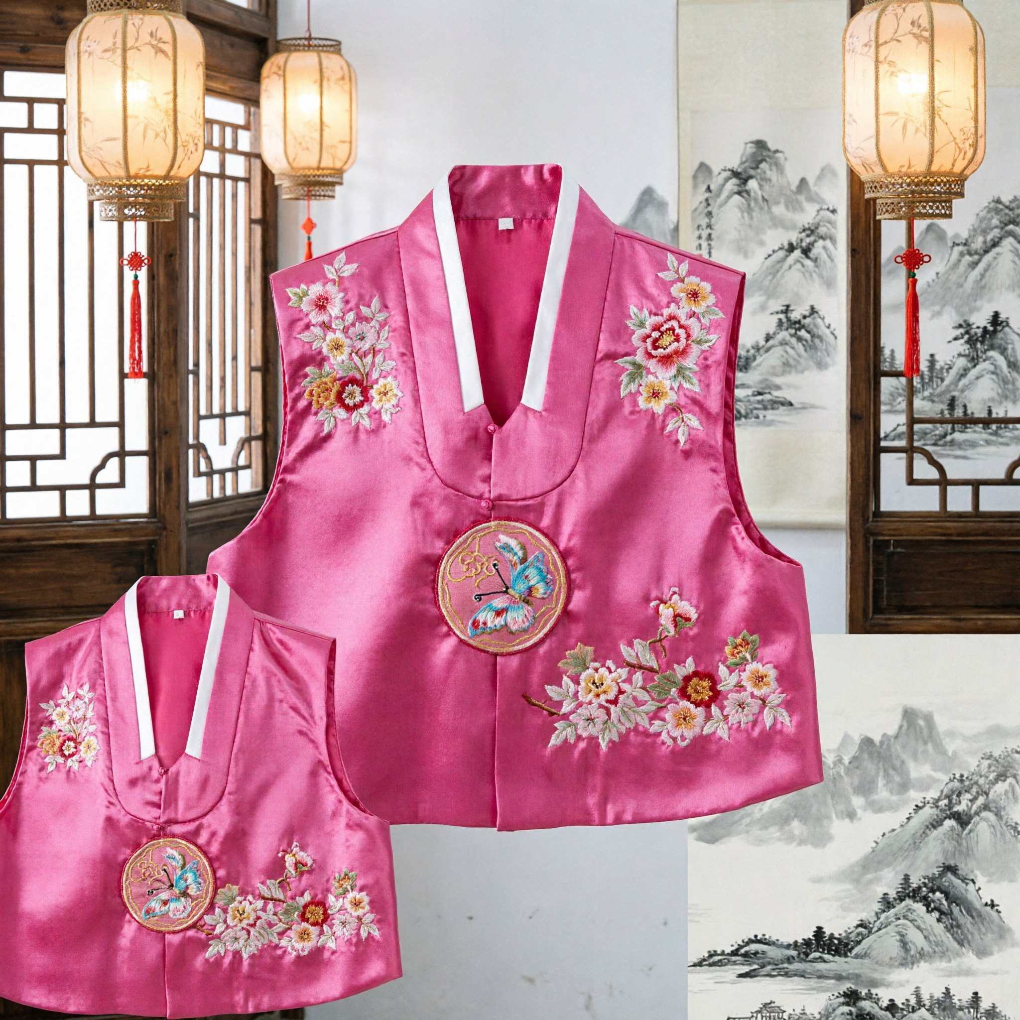 Women's Pink Traditional Korean Hanbok Vest Embroidered Silk Waistcoat for Folk Dance and Cultural Events