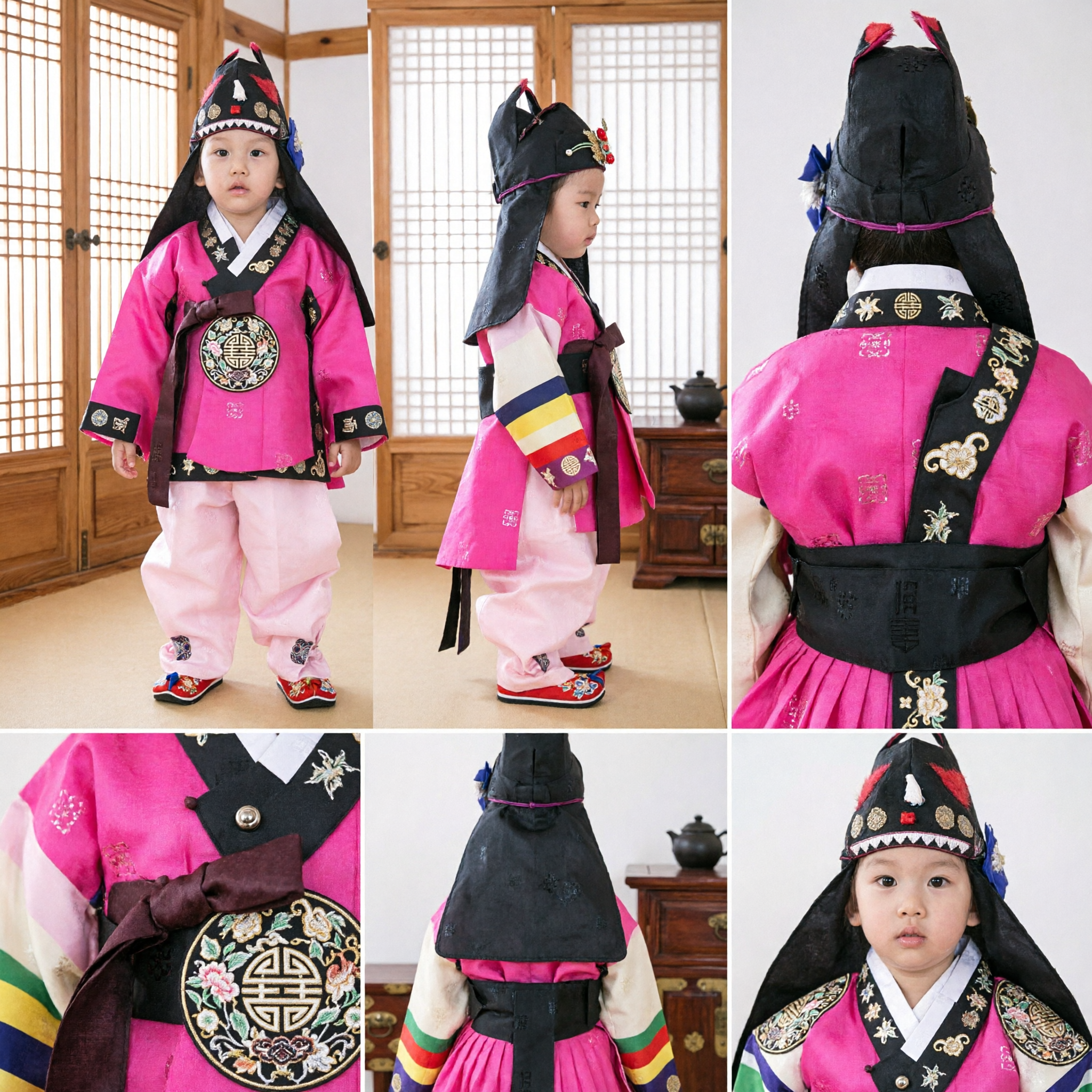 Kids Korean Traditional Hanbok Costume Pink and Black Ceremonial Outfit with Hat for Festivals