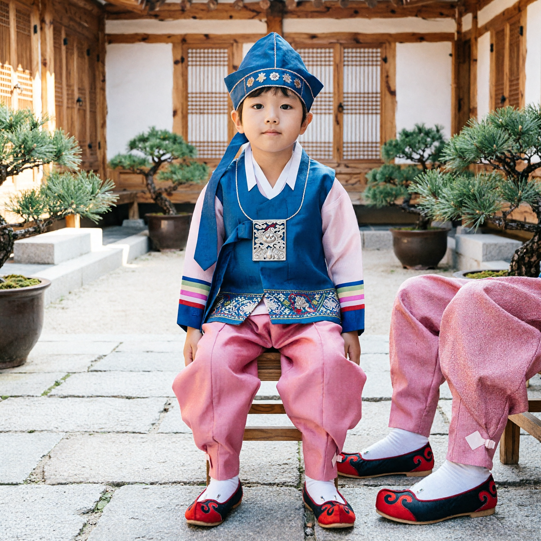 Boys Traditional Korean Hanbok Blue Vest Pink Pants Set First Birthday Wedding Festival Costume