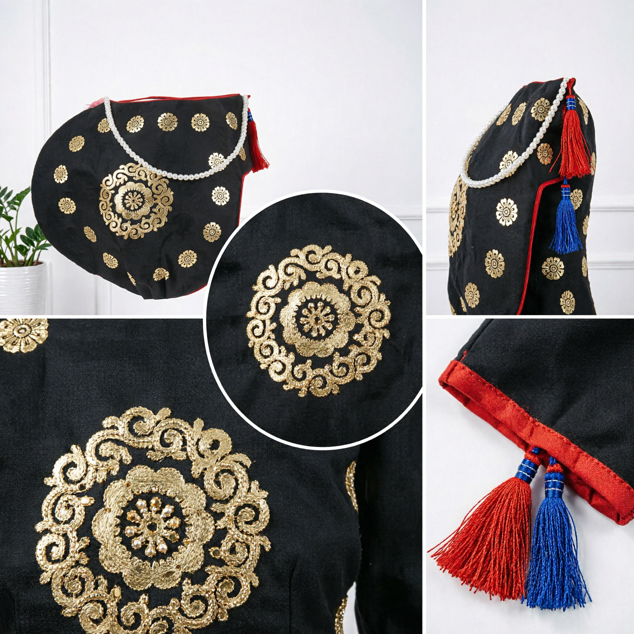 Traditional Chinese Black Embroidered Waist Bag with Pearl Strap Hanfu Accessory for Wedding and Performance