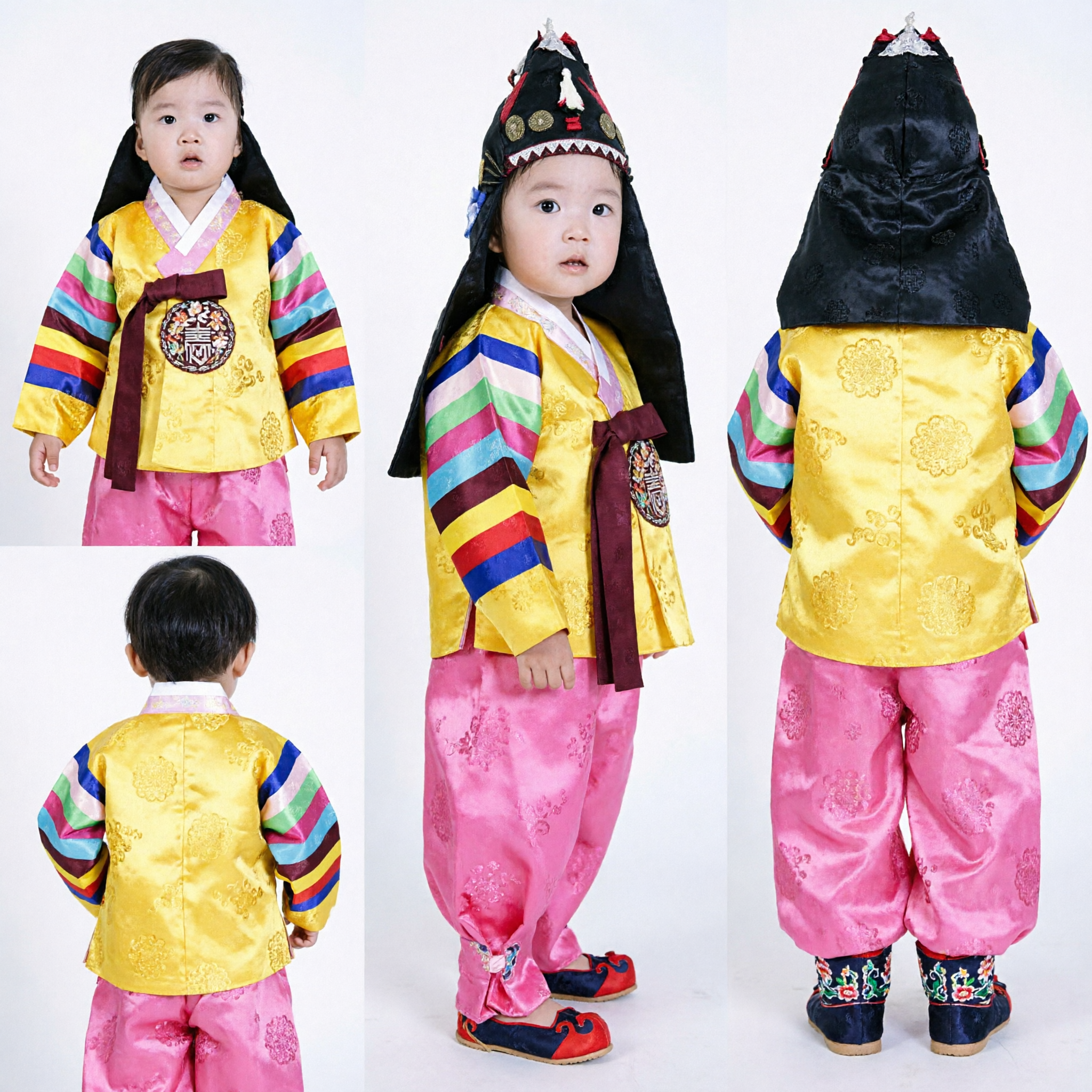 Traditional Korean Hanbok Costume for Boys Toddler Yellow Rainbow Sleeve Top Pink Pants First Birthday Outfit