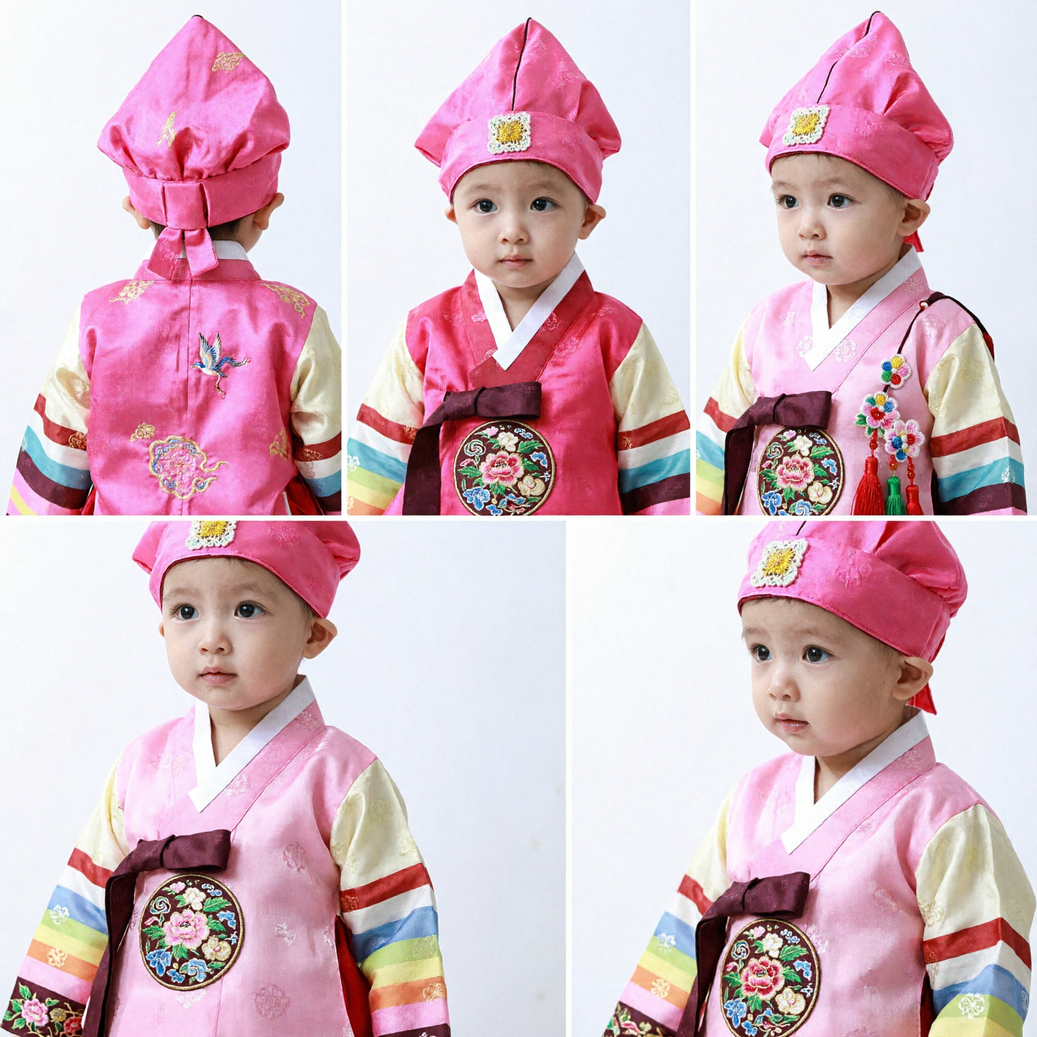 Traditional Korean Baby Hanbok Hat Pink Pointed Cap with Auspicious Badge for Dol Celebration Costume