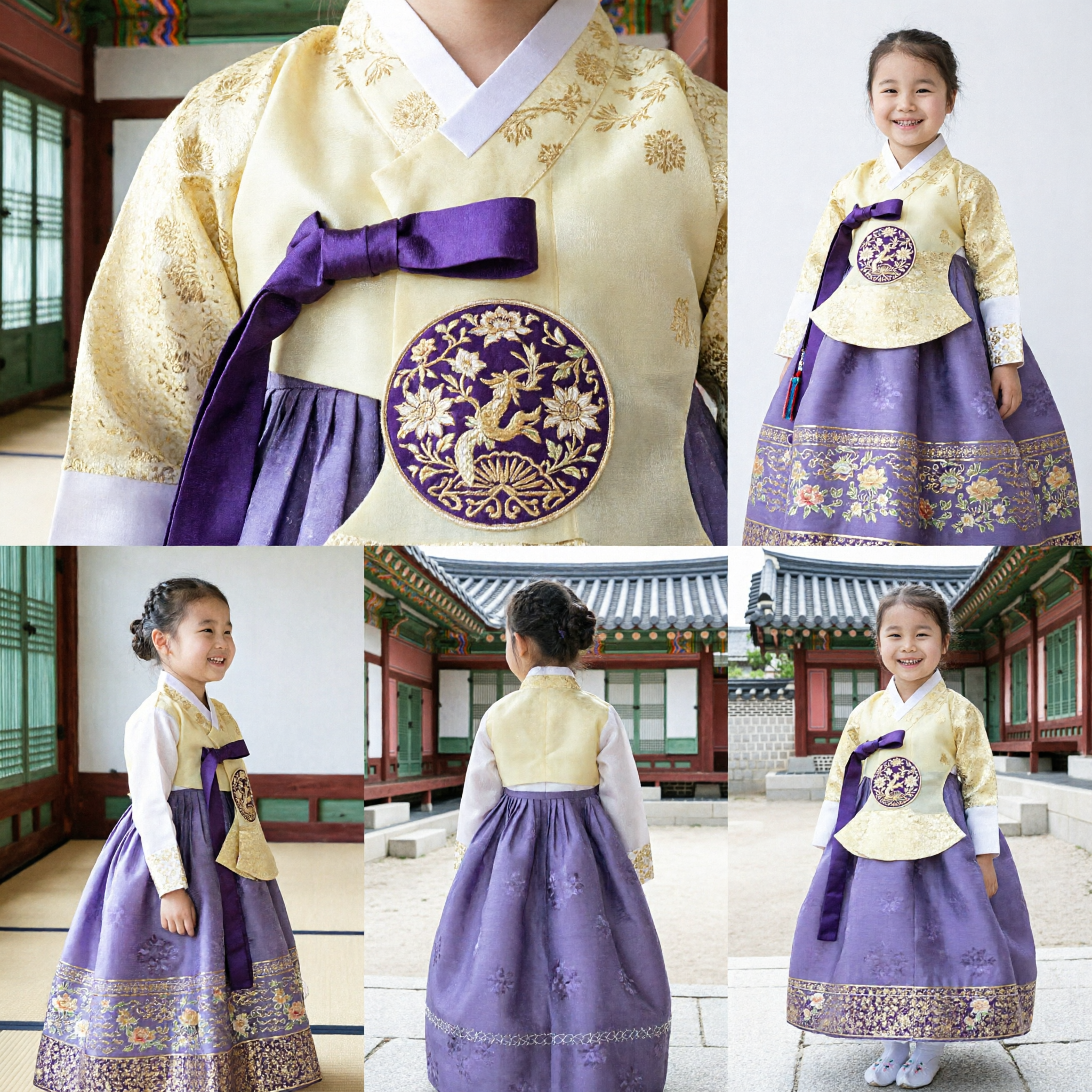 Girls Korean Hanbok Traditional Dress Gold Top Purple Skirt Kids Birthday Holiday Costume