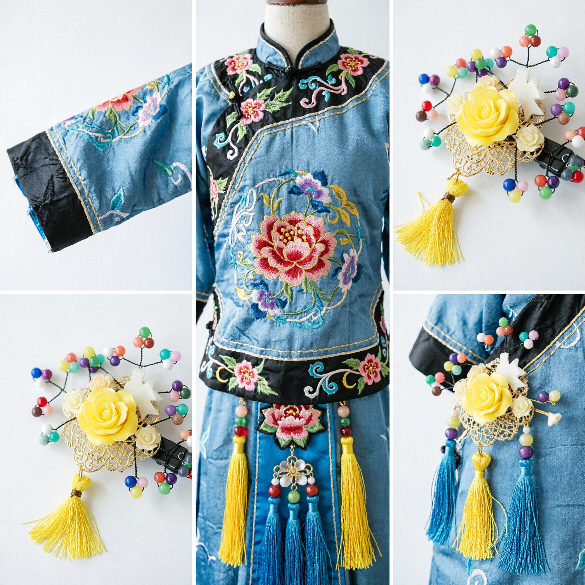 Traditional Chinese Yellow Rose Hair Stick with Colorful Beads and Tassel for Hanfu Accessories