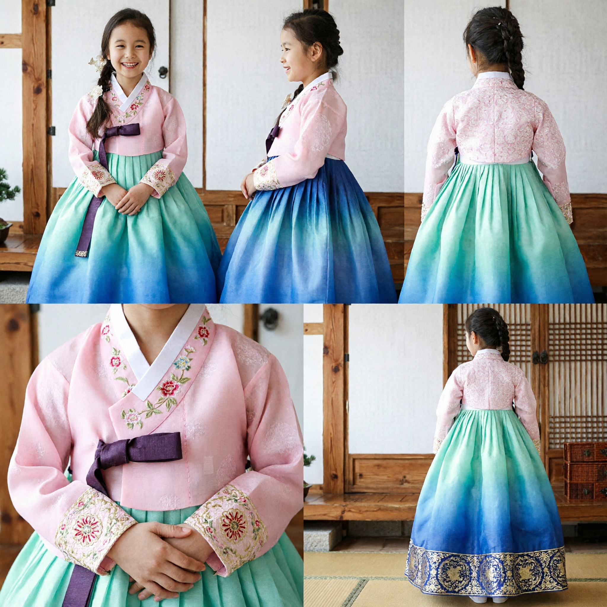 Traditional Korean Hanbok for Girls Pink Lace Jeogori and Mint Green Chima Kids Formal Dress