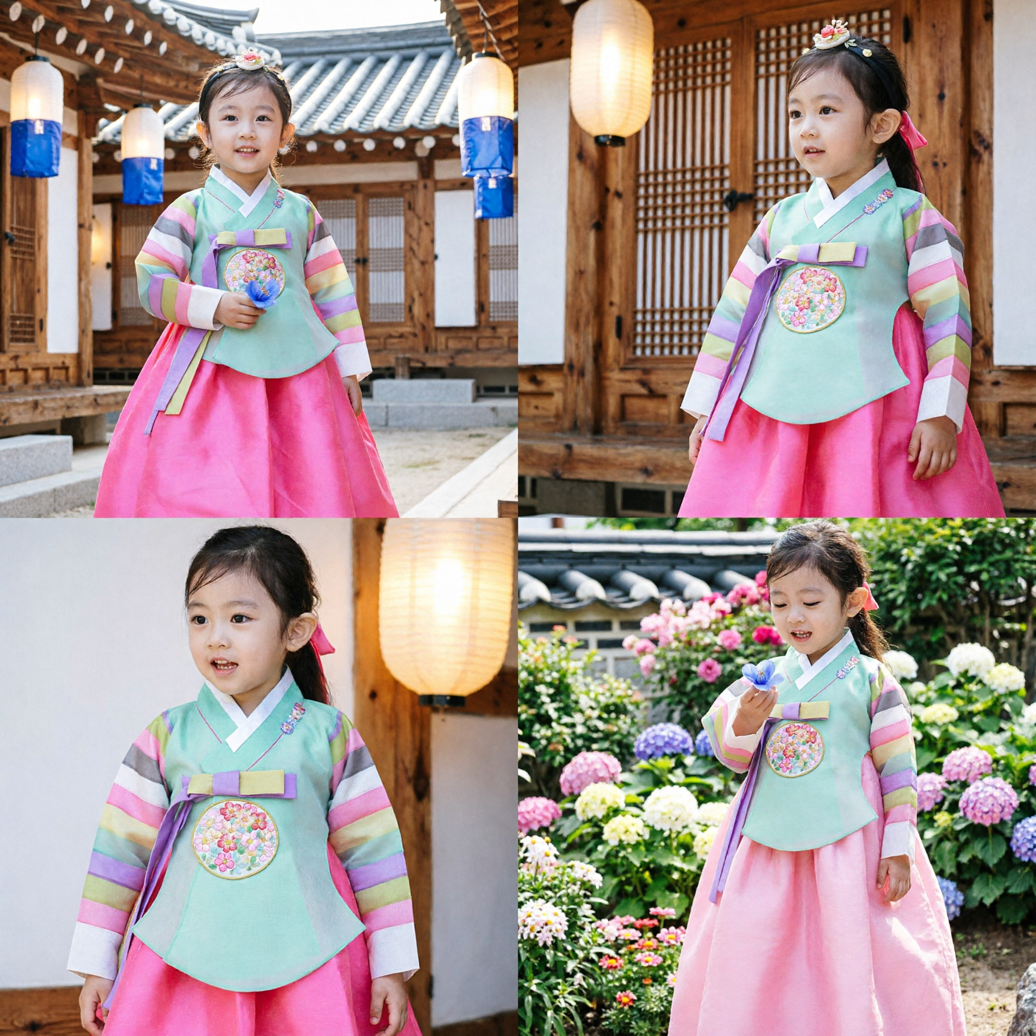 Traditional Korean Hanbok Dress for Girls Colorful Striped Top Pink Skirt Kids Festival Costume