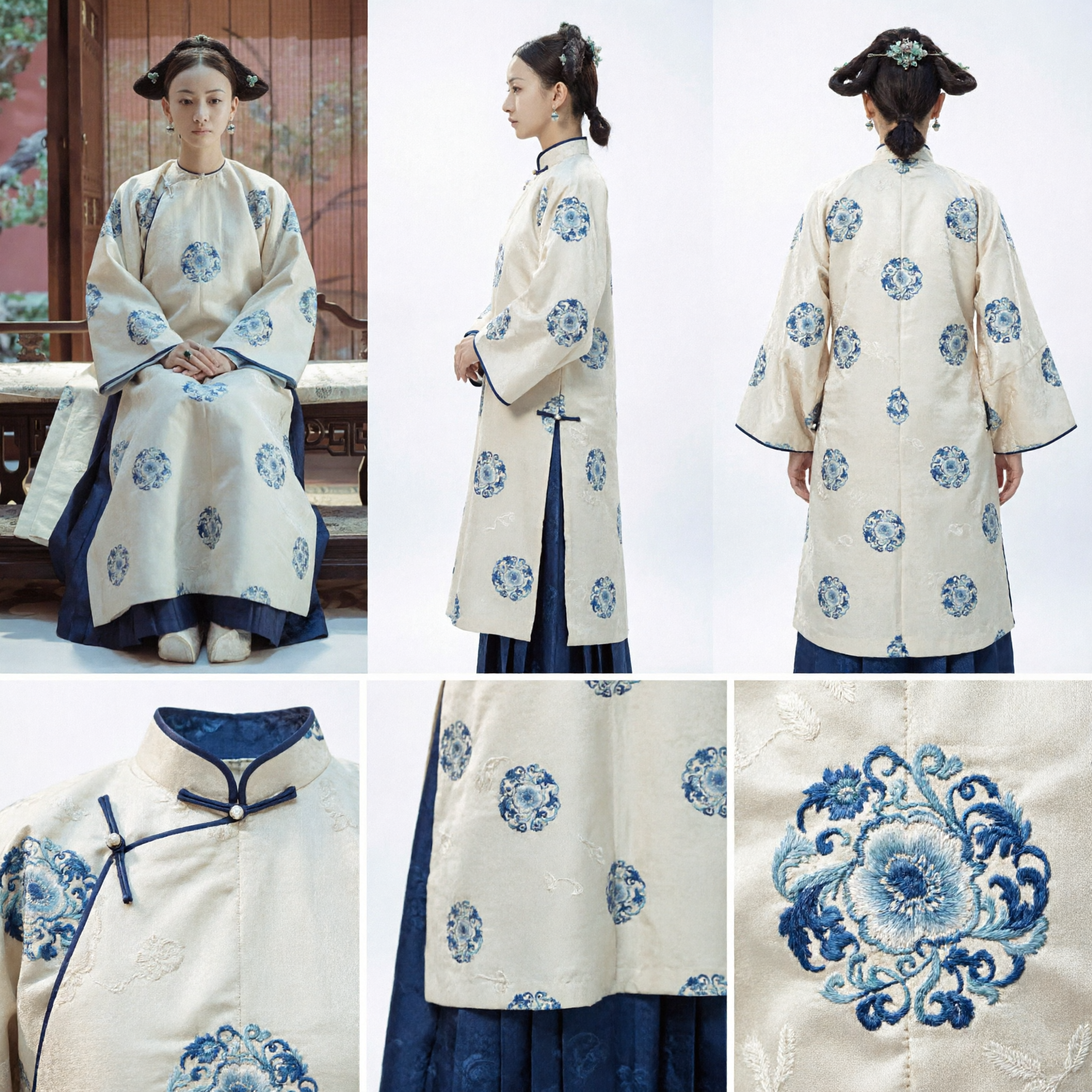 Traditional Chinese Qing Dynasty Palace Lady Costume White Blue Medallion Changpao Robe for Women