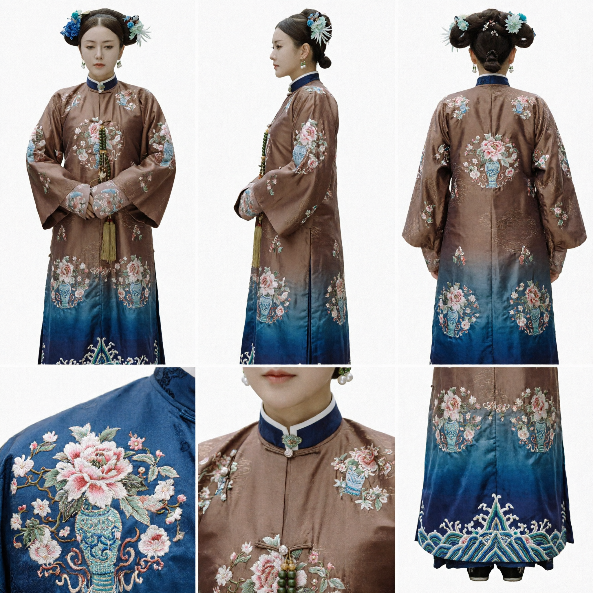 Ancient Chinese Qing Dynasty Manchu Palace Lady Costume Brown Floral Embroidery Robe Traditional Clothing for Women