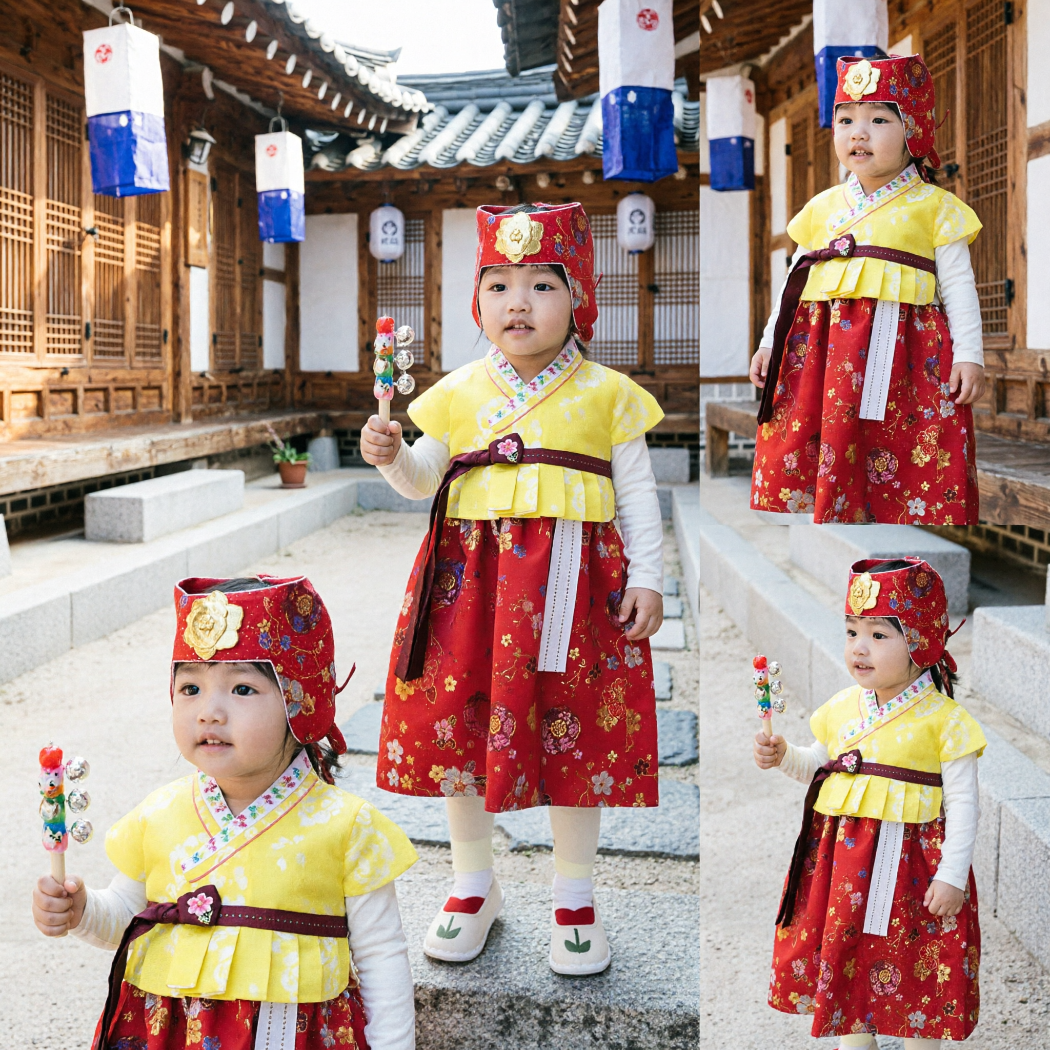 Baby Girl Traditional Korean Hanbok Doljanchi First Birthday Costume Yellow Jeogori Red Chima and Hat Set