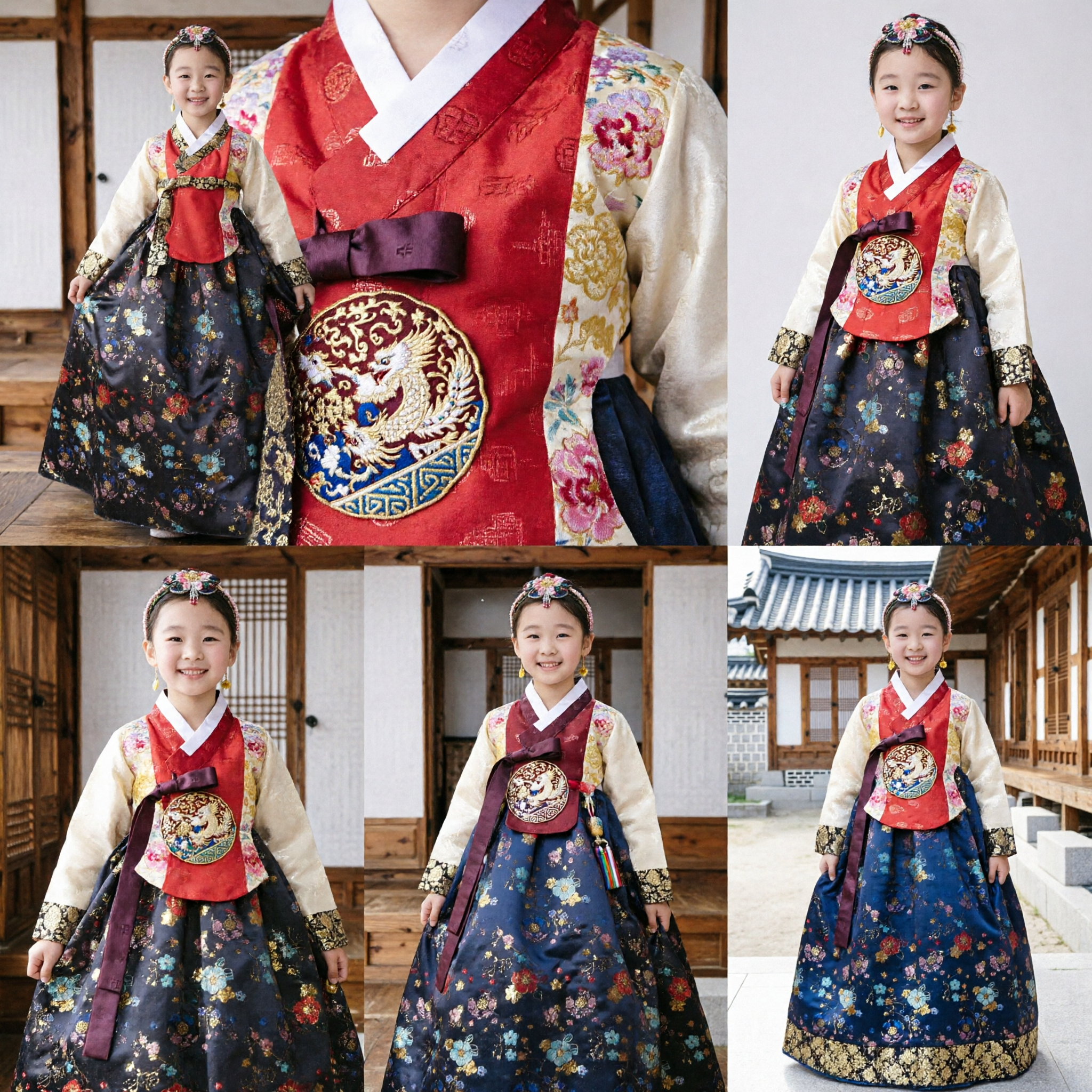 Kids Korean Traditional Hanbok Dress Girls Floral Embroidered Red Jeogori and Black Chima Formal Costume