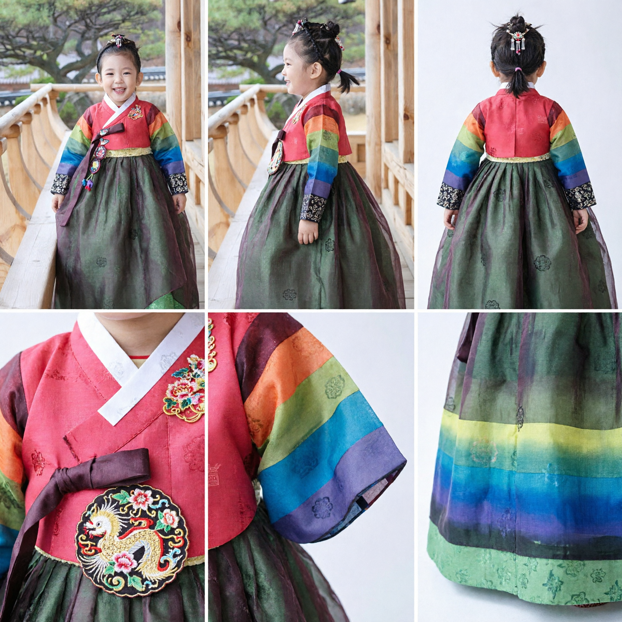 Korean Traditional Hanbok Dress for Kids Girls Rainbow Sleeve Red Top Green Skirt Festival Party Costume