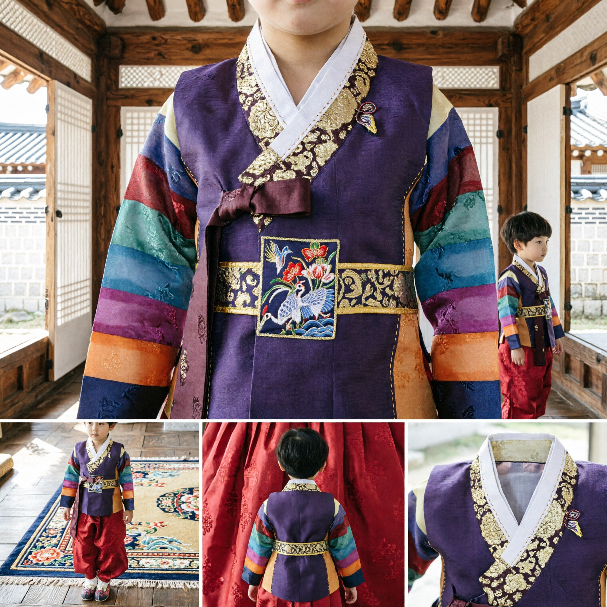 Boys Traditional Korean Hanbok Rainbow Sleeve Purple Jeogori Red Baji First Birthday Doljanchi Costume